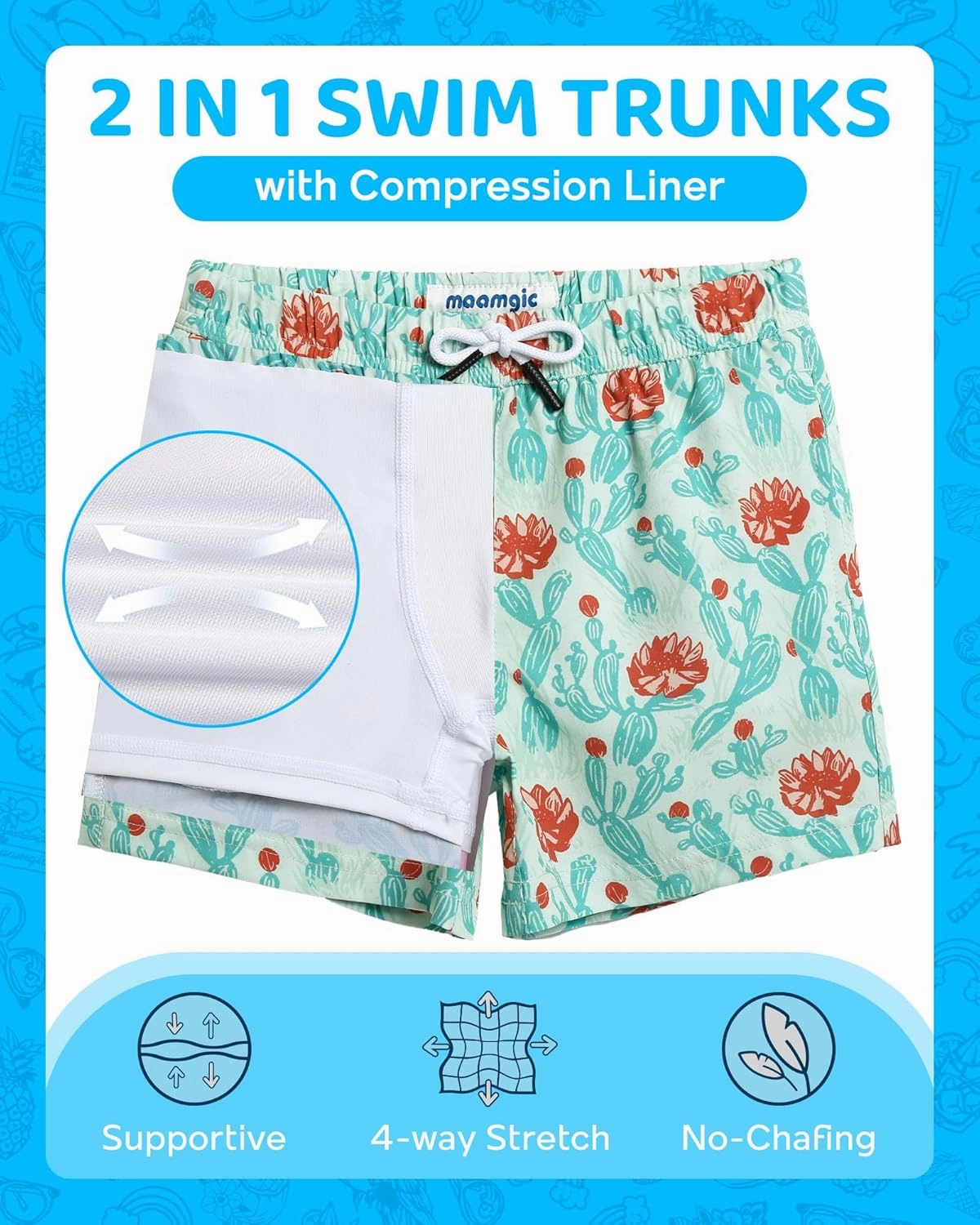 maamgic Boys Swim Trunks with Compression Liner 4-Way Stretch Quick Dry Bathing Suit Toddler Beach Shorts