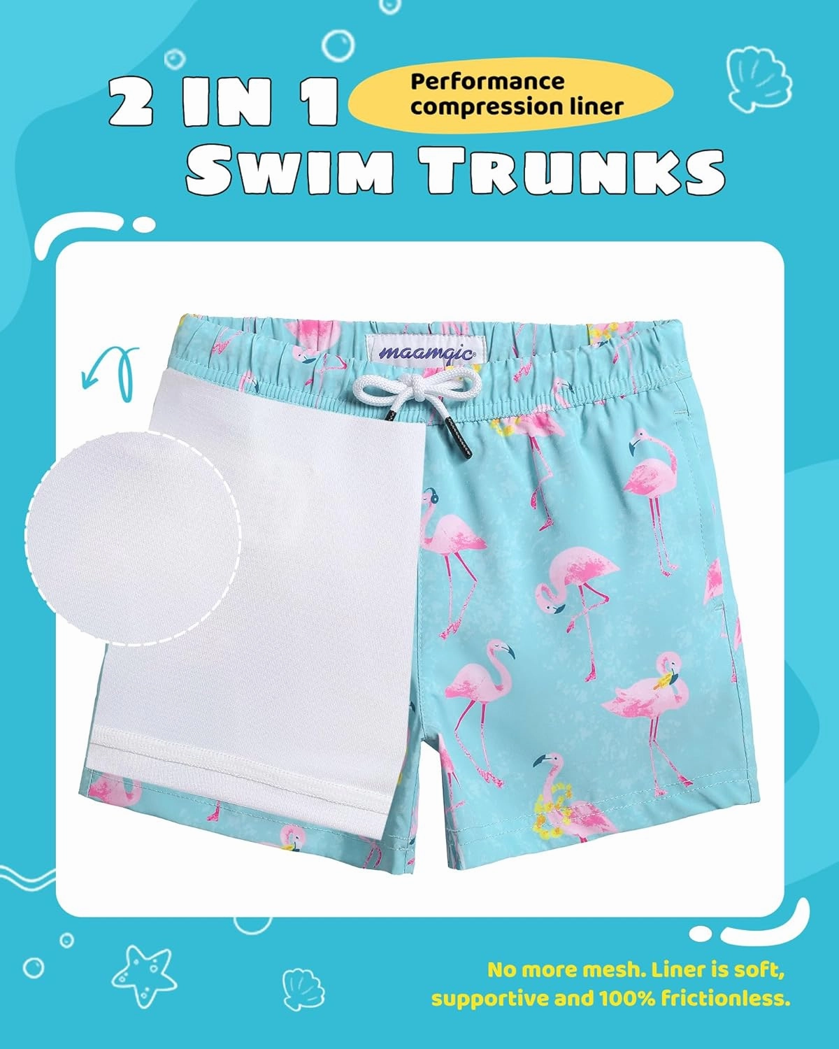 maamgic Boys Swim Trunks with Compression Liner Toddler Stretch Swim Shorts