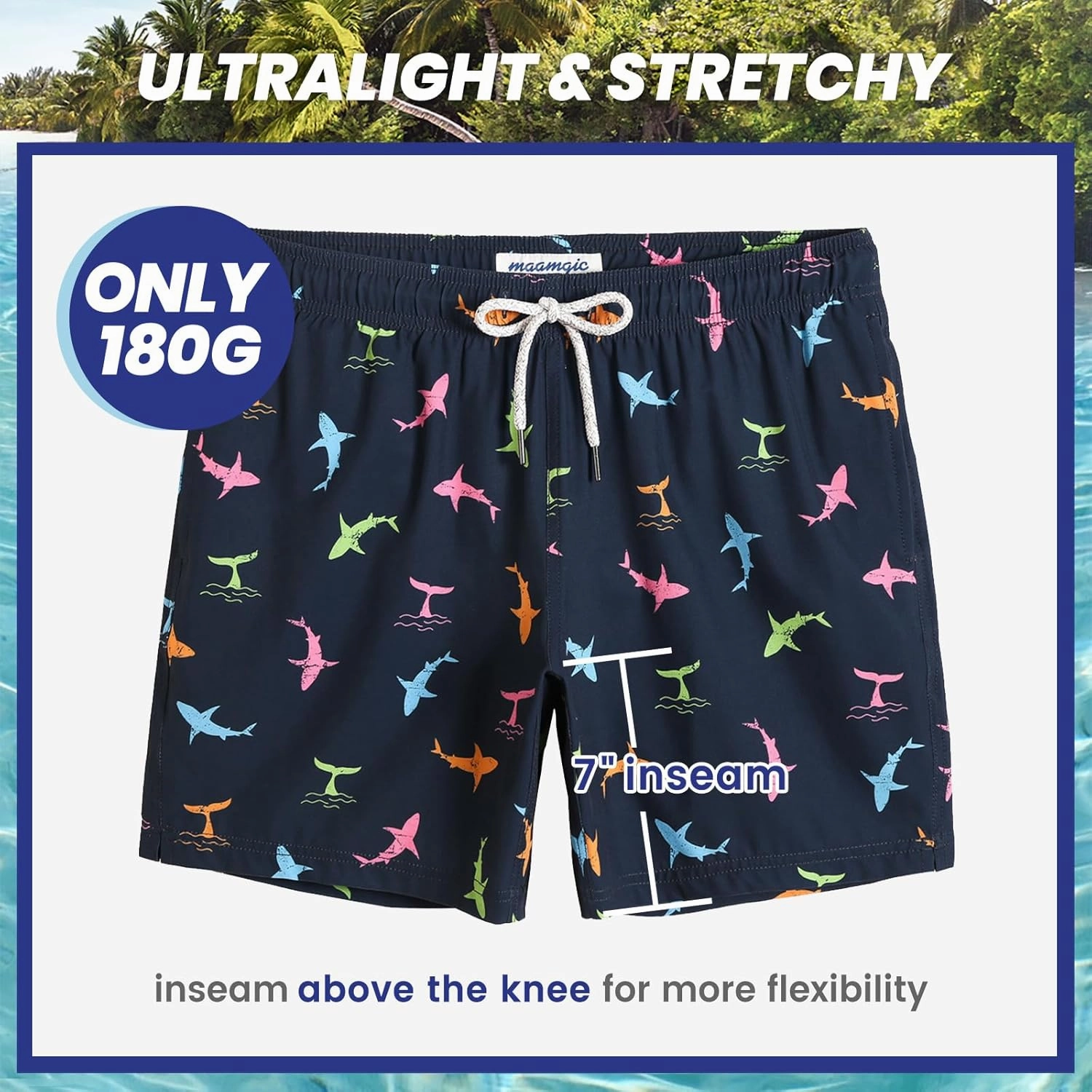maamgic Mens 7" Stretch Swim Trunks Quick Dry Mesh Lining Swimwear Bathing Suits