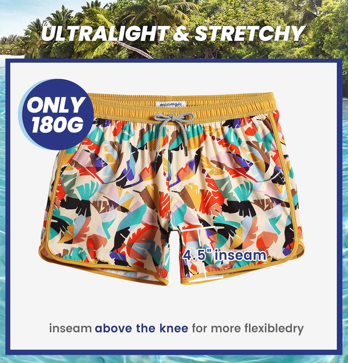 maamgic Mens Swim Trunks Retro Swim Shorts 4 Way Stretch with Mesh Vintage 80s 90s Quick Dry Swimsuits Board Shorts