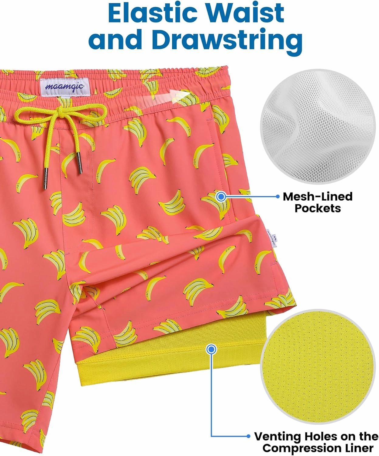 maamgic Mens Swim Trunks with Compression Liner 7 Inch Inseam Mens Bathing Suit Quick Dry Swimming Trunks Swimsuit