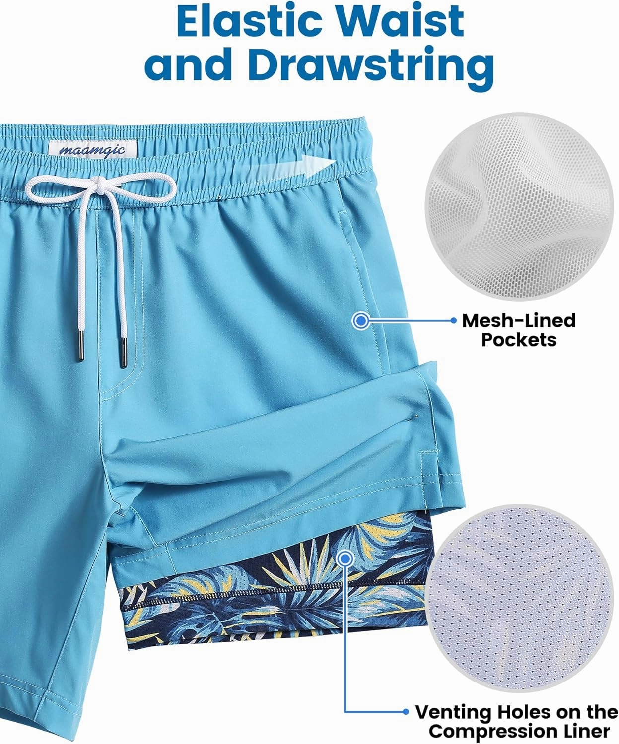 maamgic Mens Swim Trunks with Compression Liner 7 Inch Inseam Mens Bathing Suit Quick Dry Swimming Trunks Swimsuit