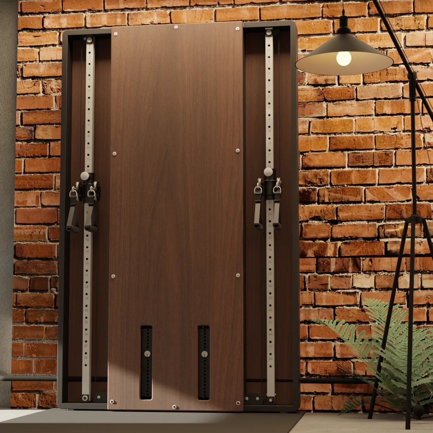 Flow 6 Walnut - Wall Mounted Functional Trainer, Studio Bikes, Fixed Barbell Set (With Stand)