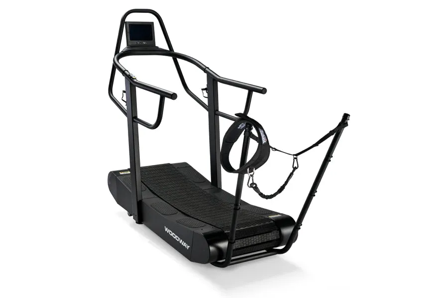 Woodway Curve FTG Treadmill, Gymnastic Rings, Wall mounted bike rack