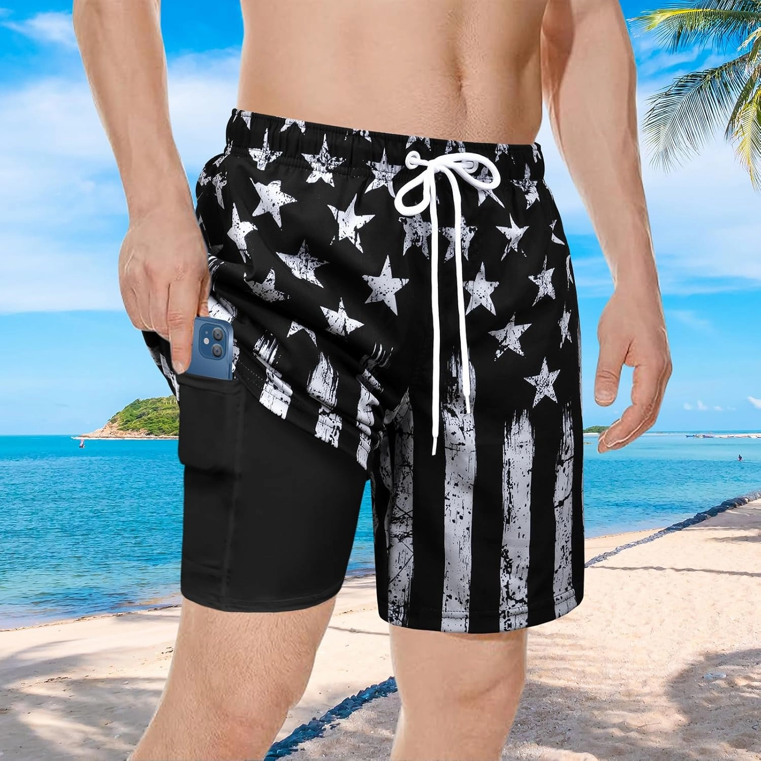 Men's Swim Trunks with Compression Liner Bathing Suits Swimwear Swimming Board Beach Shorts 7 Quick Dry Swimsuit