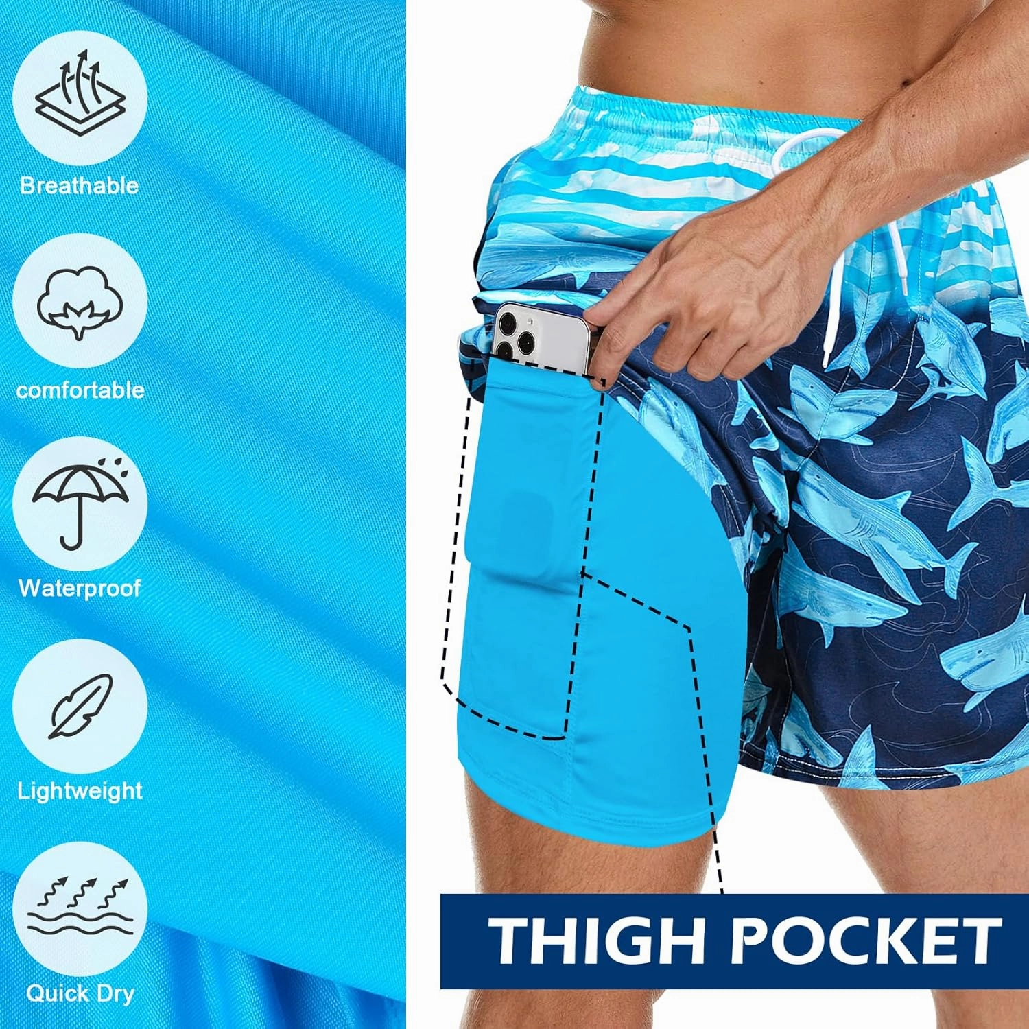 Men's Swim Trunks with Compression Liner Bathing Suits Swimwear Swimming Board Beach Shorts 7 Quick Dry Swimsuit