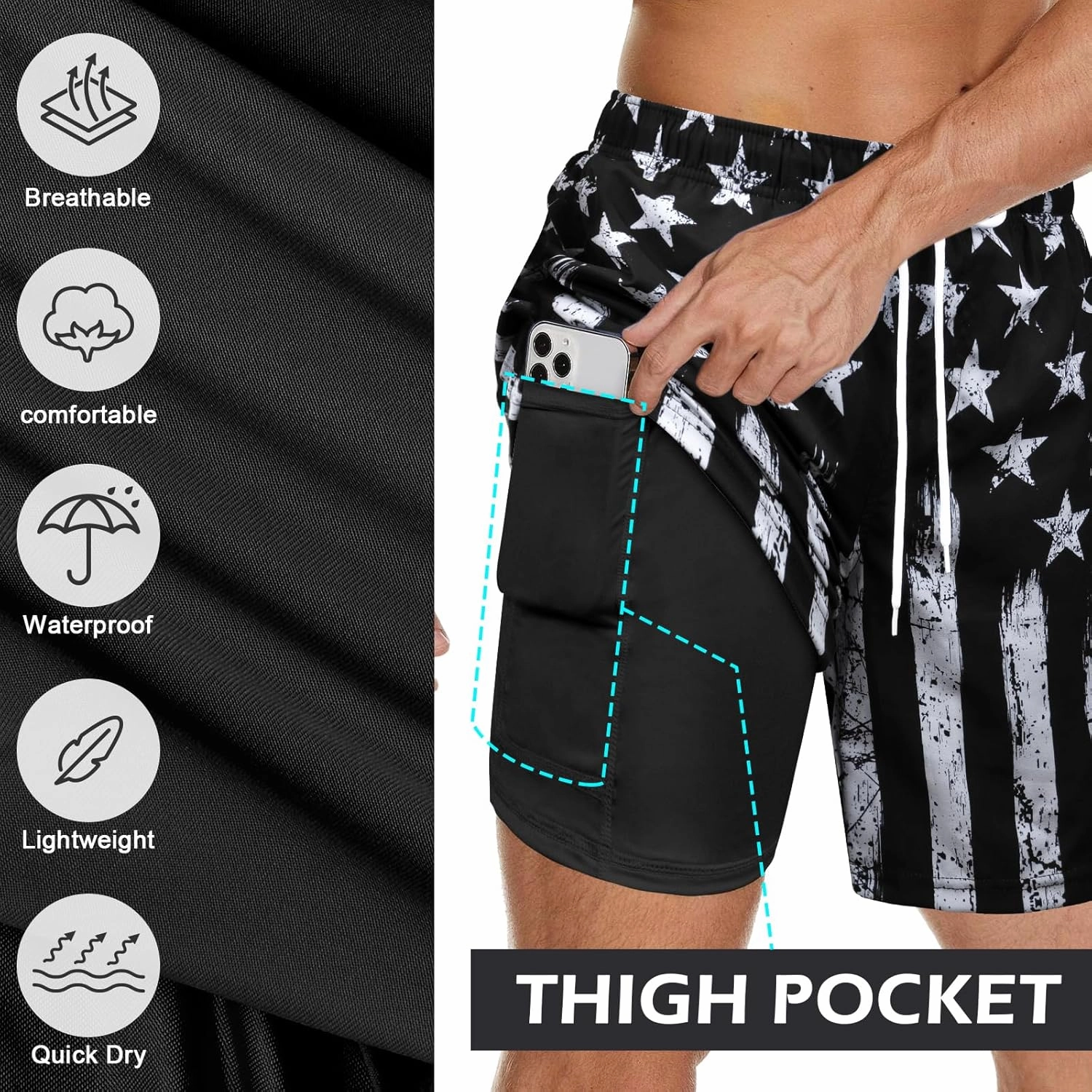 Men's Swim Trunks with Compression Liner Bathing Suits Swimwear Swimming Board Beach Shorts 7 Quick Dry Swimsuit