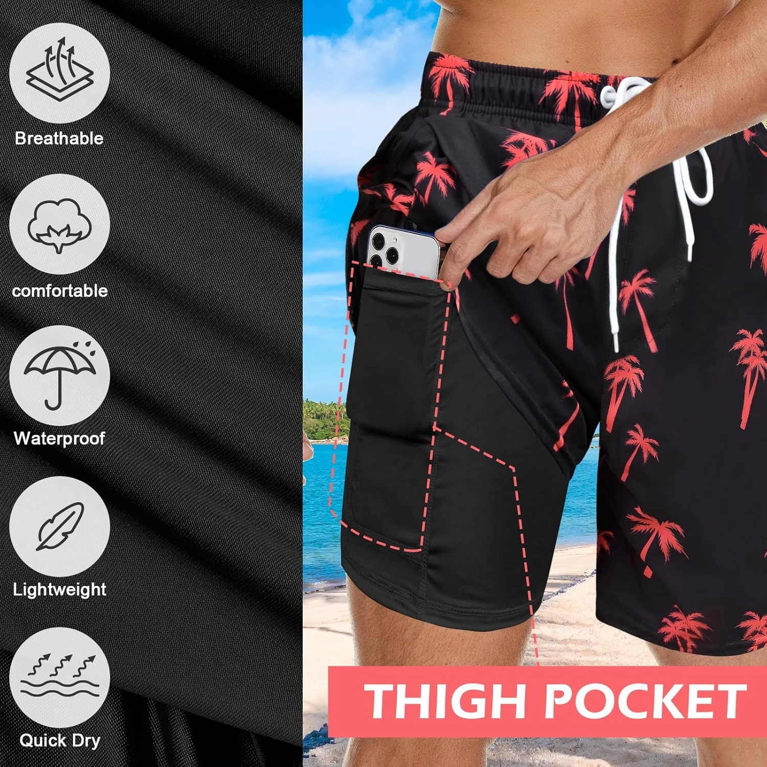 Men's Swim Trunks with Compression Liner Bathing Suits Swimwear Swimming Board Beach Shorts 7 Quick Dry Swimsuit