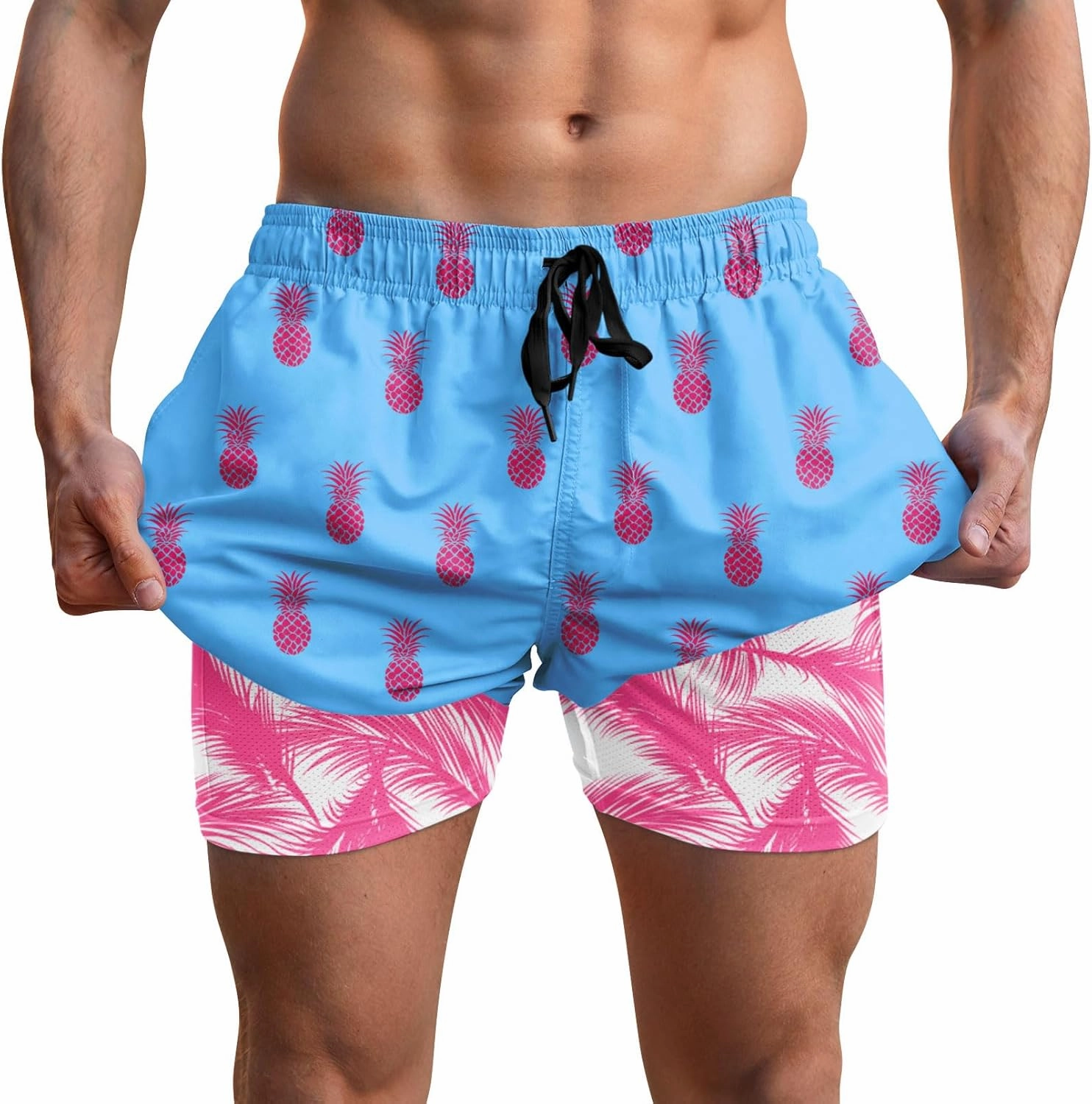 Men Swim Trunks 5.5 Inch Board Shorts 2 in 1 Swimwear with Compression Liner