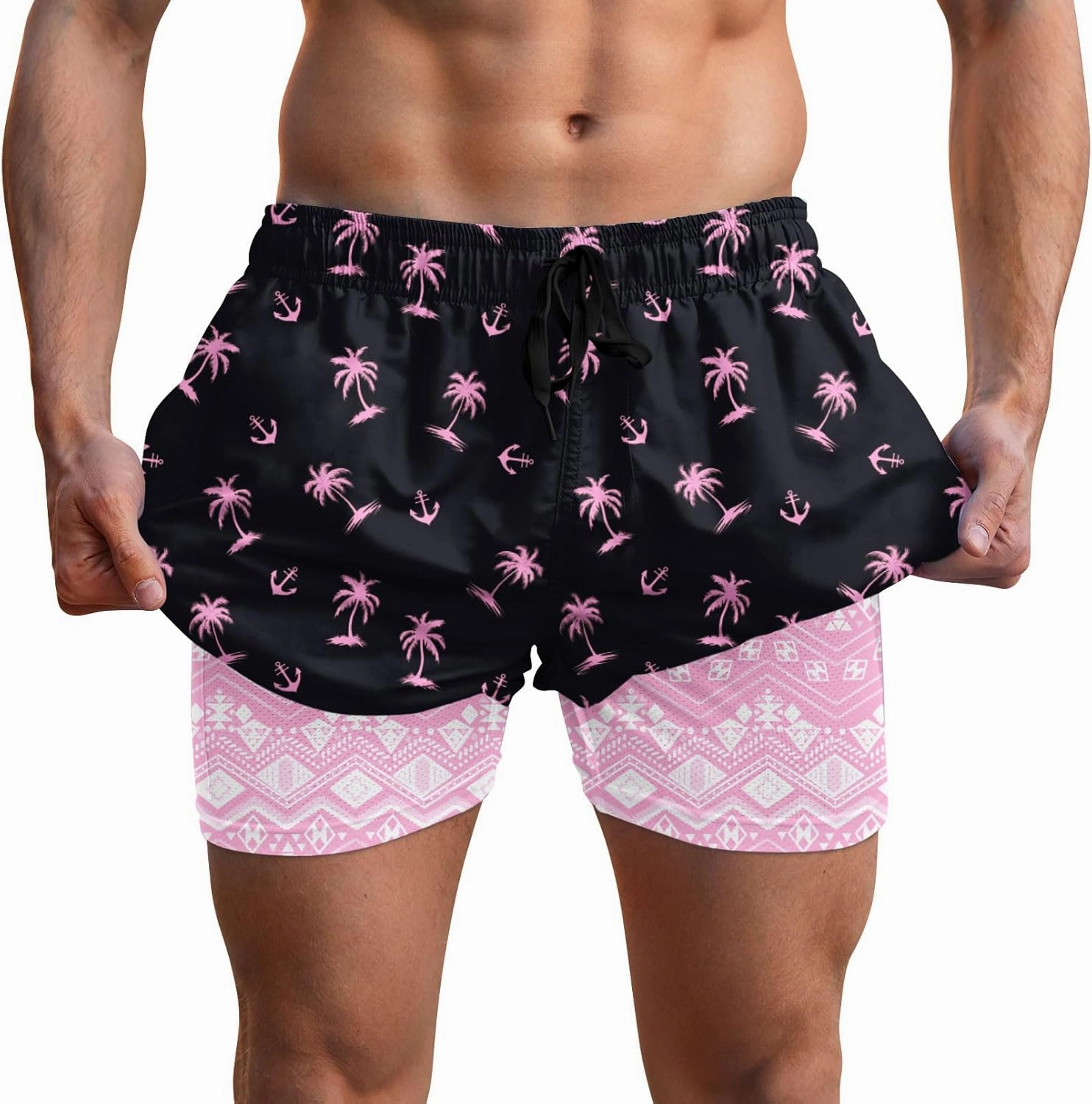 Men Swim Trunks 5.5 Inch Board Shorts 2 in 1 Swimwear with Compression Liner