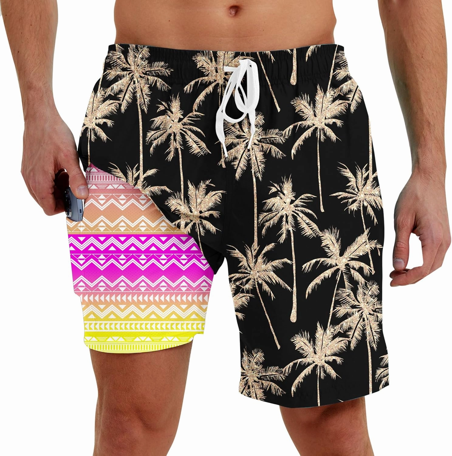 Men Swim Trunks with Compression Liner Men's 2 in 1 Bathing Suits 7 Inch Hawaiian Board Shorts