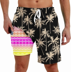 Men Swim Trunks with Compression Liner Men's 2 in 1 Bathing Suits 7 Inch Hawaiian Board Shorts