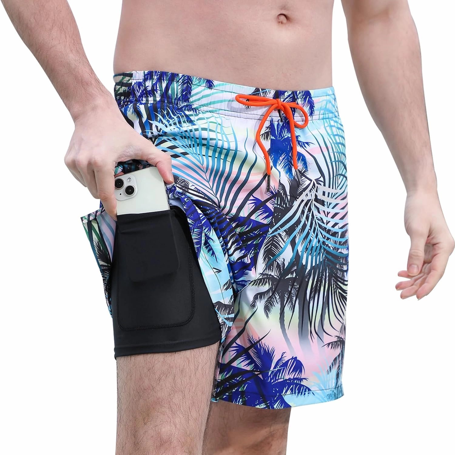 Mens 5/7" Ineseam Swim Trunks with Compression Liner 2 in 1 Bathing Suit Swimwear with Zip Pockets UPF50  Board Shorts