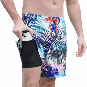 Mens 5/7" Ineseam Swim Trunks with Compression Liner 2 in 1 Bathing Suit Swimwear with Zip Pockets UPF50  Board Shorts