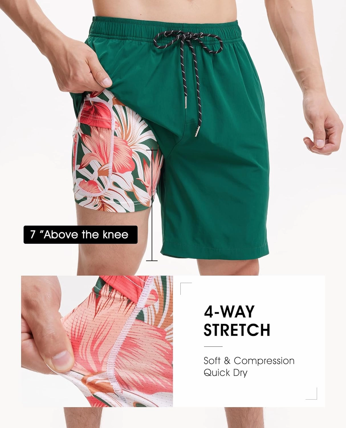 Mens 7 Inch Swim Trunks with Compression Liner Stretch Quick Dry Swim Shorts Swimsuits with Pockets