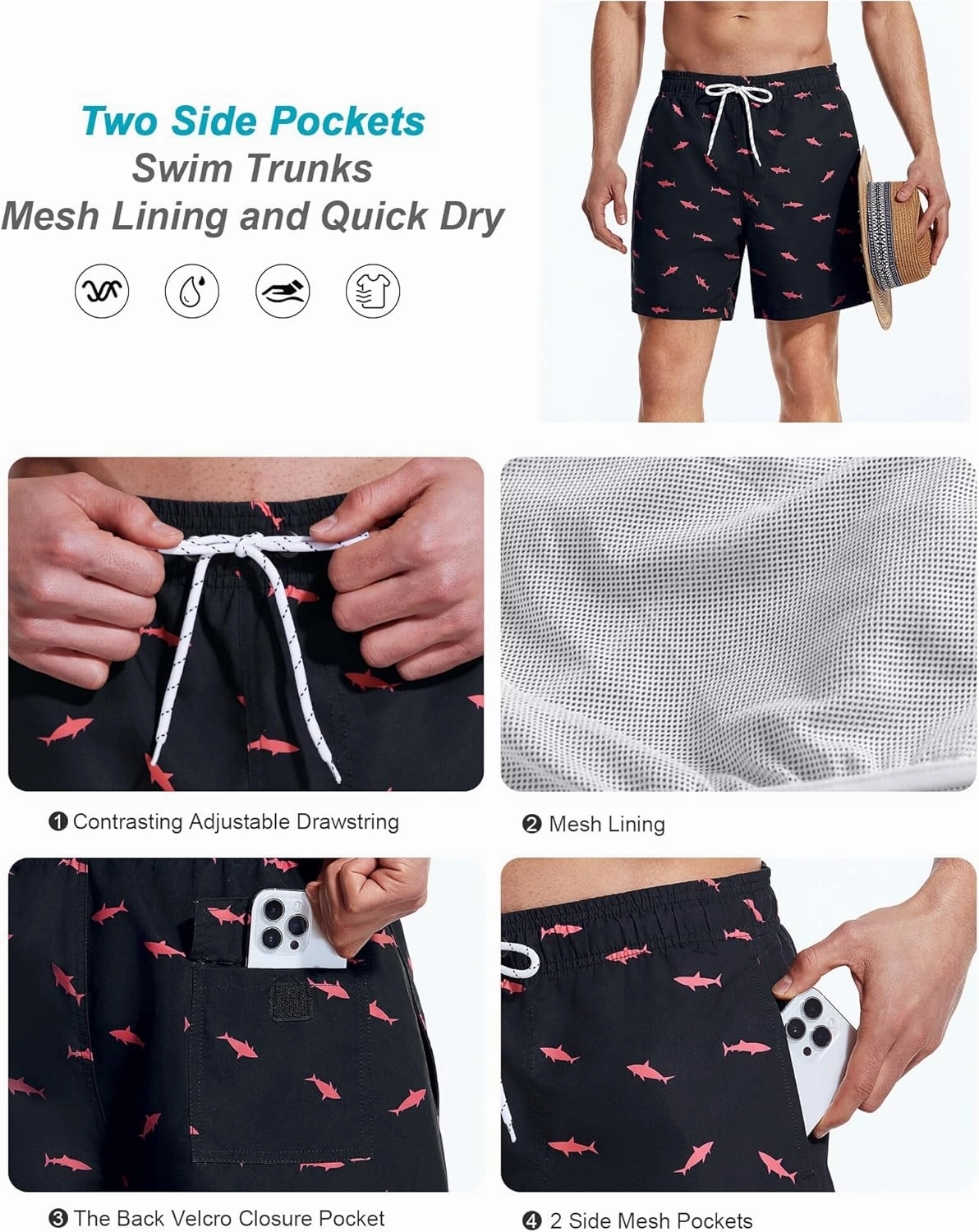 Mens Swim Trunks 6 Inch Inseam Mesh Lining Bathing Suits Quick Dry Beach Shorts Swimsuits Swimwear with Pockets
