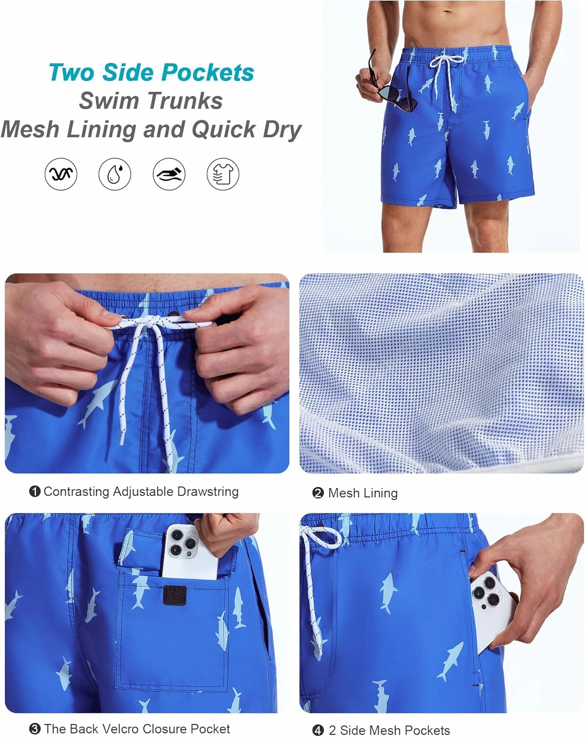 Mens Swim Trunks 6 Inch Inseam Mesh Lining Bathing Suits Quick Dry Beach Shorts Swimsuits Swimwear with Pockets