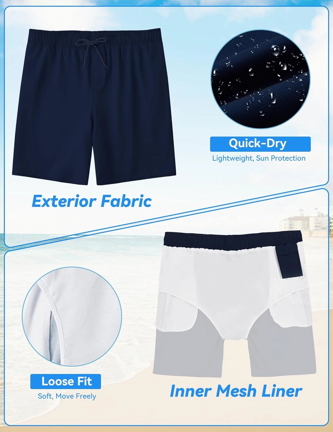 Mens Swim Trunks 8 inch Inseam Mesh Liner Quick-Dry Lightweight 4-Way Stretch Bathing Suit Swimming Trunks for Men UPF 50 