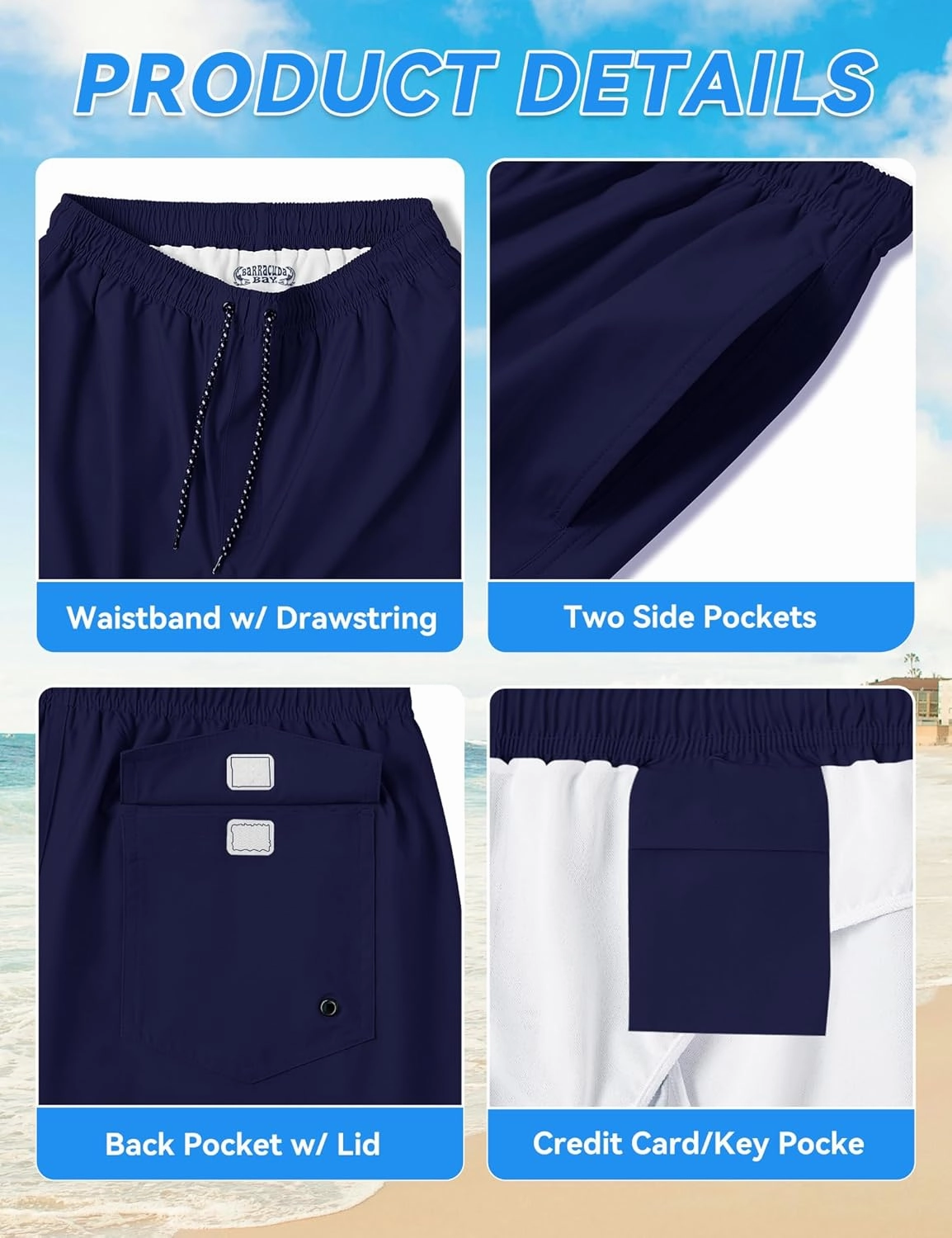 Mens Swim Trunks 8 inch Inseam Mesh Liner Quick-Dry Lightweight 4-Way Stretch Bathing Suit Swimming Trunks for Men UPF 50 