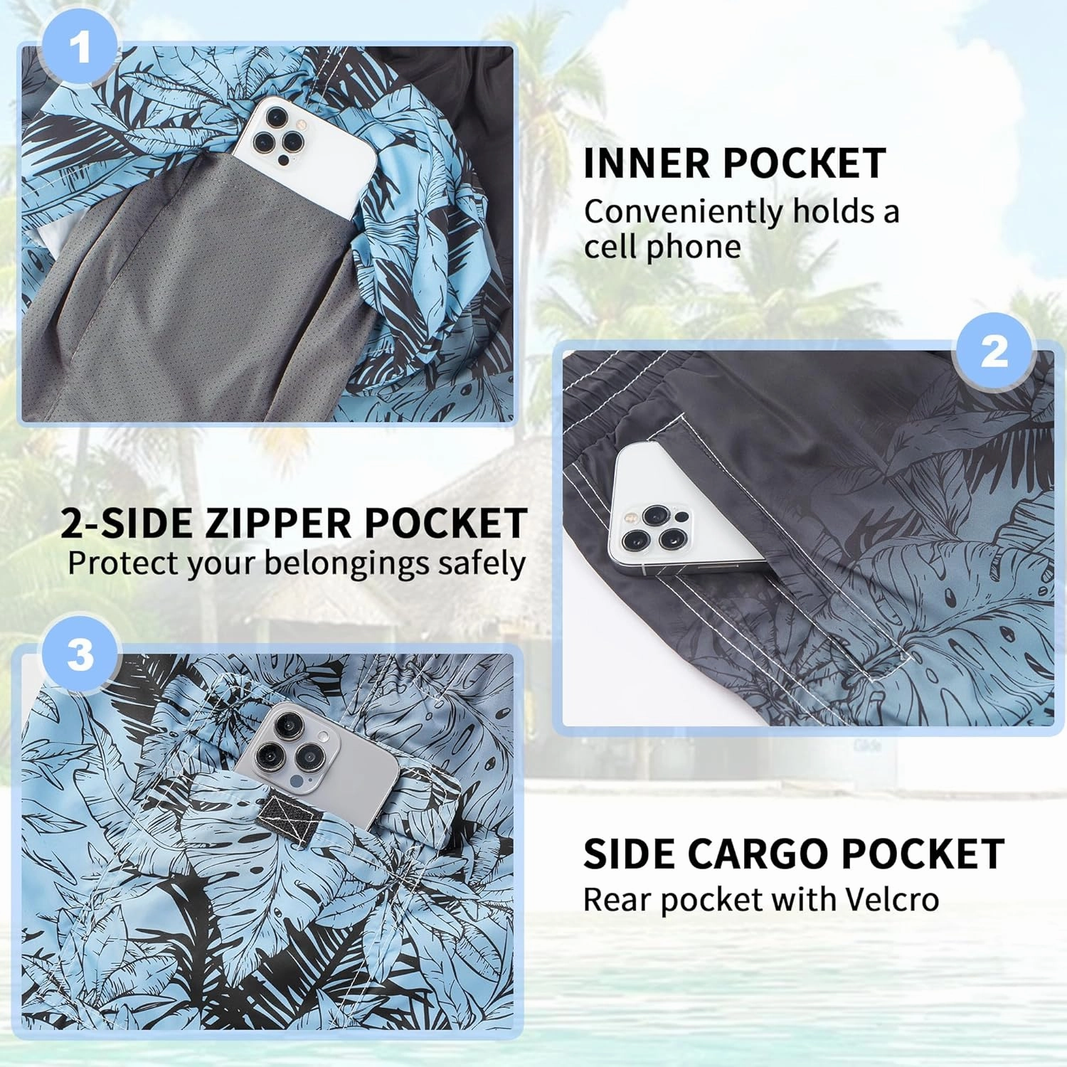 Mens Swim Trunks 9" Board Shorts with Compression Liner Swimsuit Built-in Bathing Suit Quick Dry Swimwear Zipper Pocket