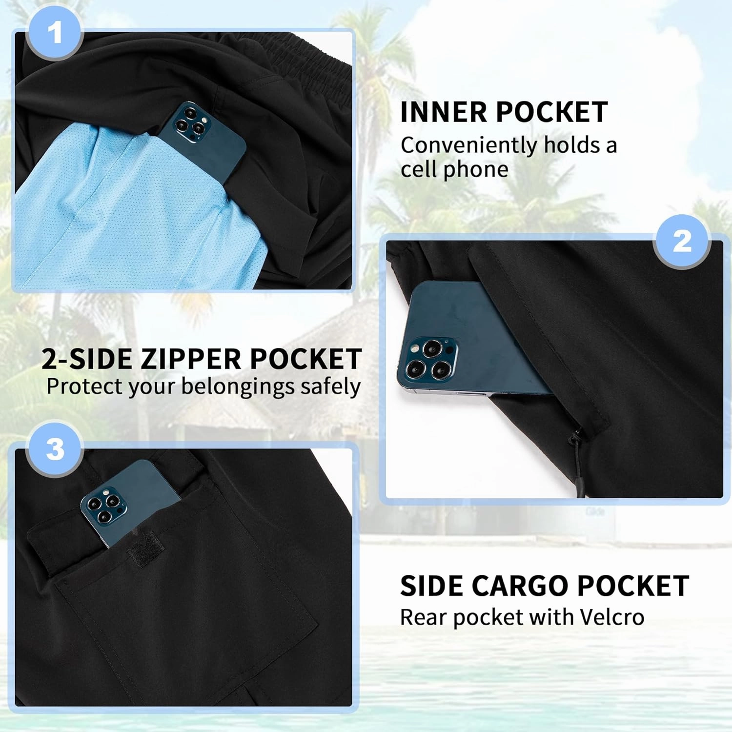 Mens Swim Trunks 9" Board Shorts with Compression Liner Swimsuit Built-in Bathing Suit Quick Dry Swimwear Zipper Pocket