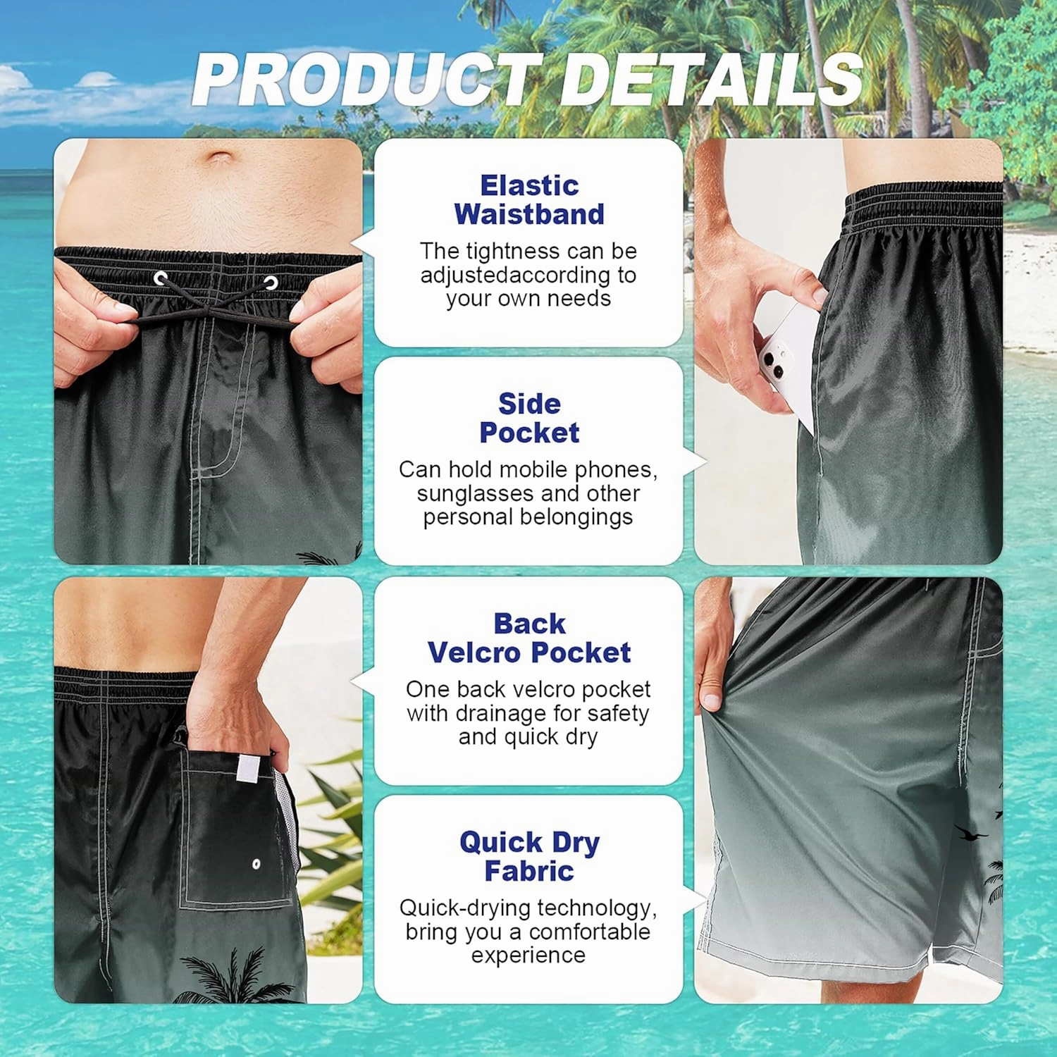 Mens Swim Trunks Quick Dry Board Shorts with Mesh Lining, Breathable Surf Beach Shorts Swimwear Bathing Suits