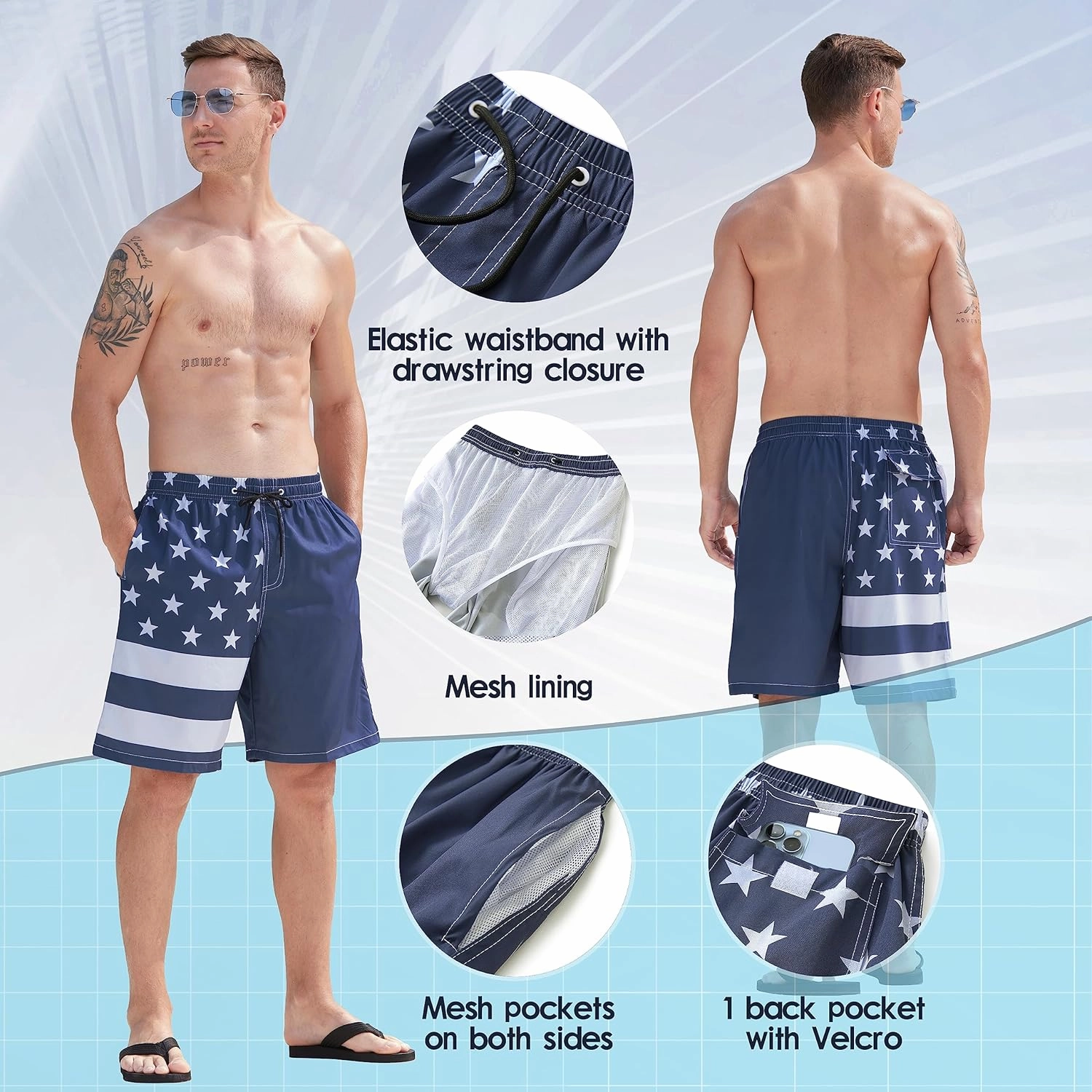 Mens Swim Trunks Quick Dry Board Shorts with Mesh Lining, Breathable Surf Beach Shorts Swimwear Bathing Suits
