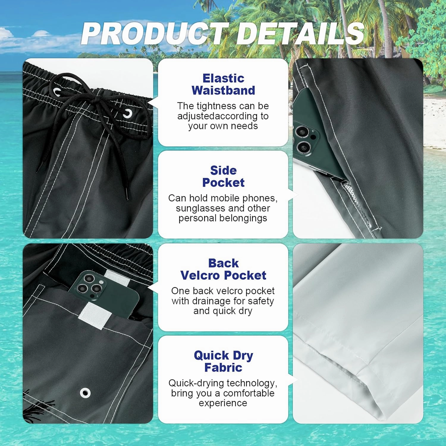 Mens Swim Trunks Quick Dry Board Shorts with Mesh Lining, Breathable Surf Beach Shorts Swimwear Bathing Suits