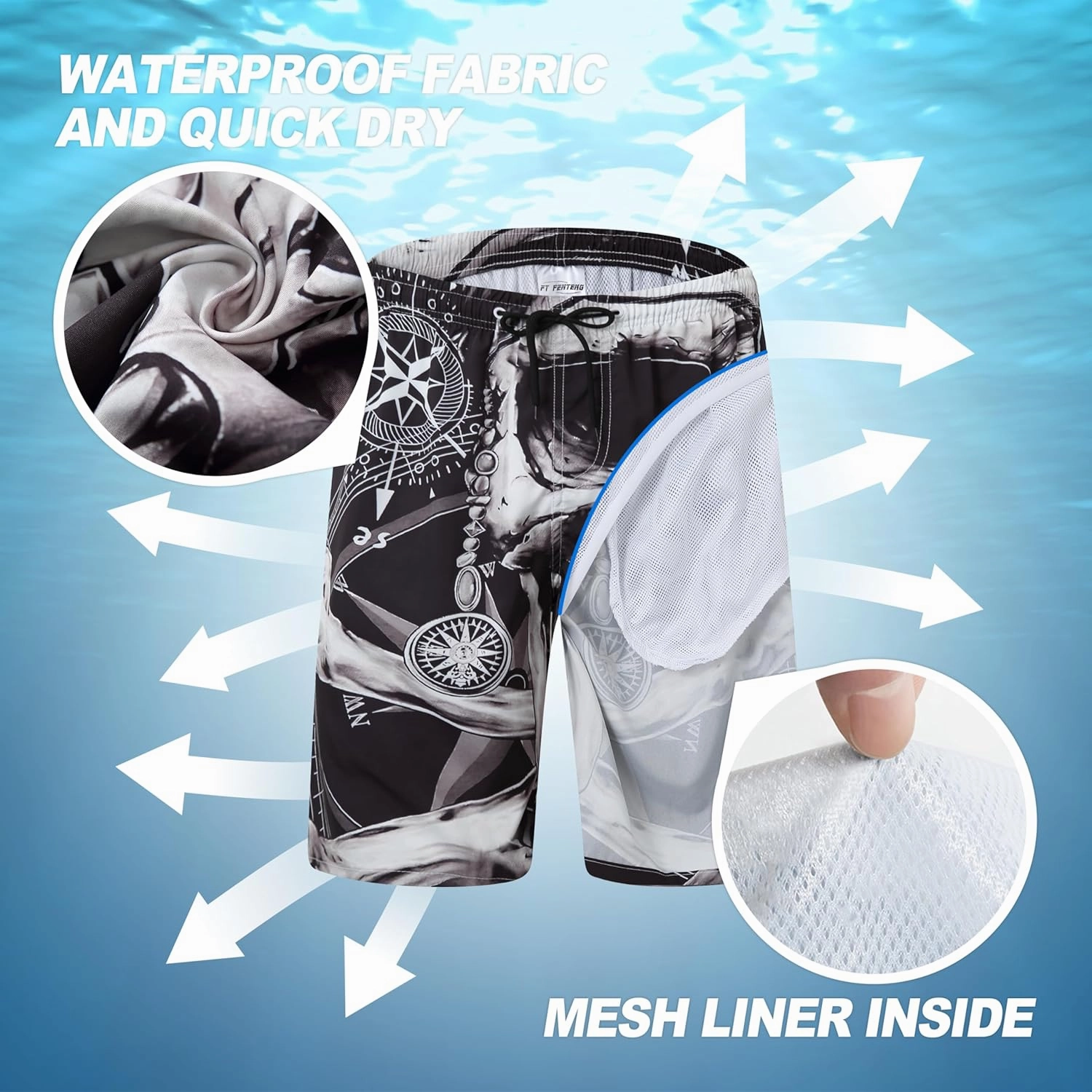Mens Swim Trunks Quick Dry Board Shorts with Mesh Lining, Breathable Surf Beach Shorts Swimwear Bathing Suits