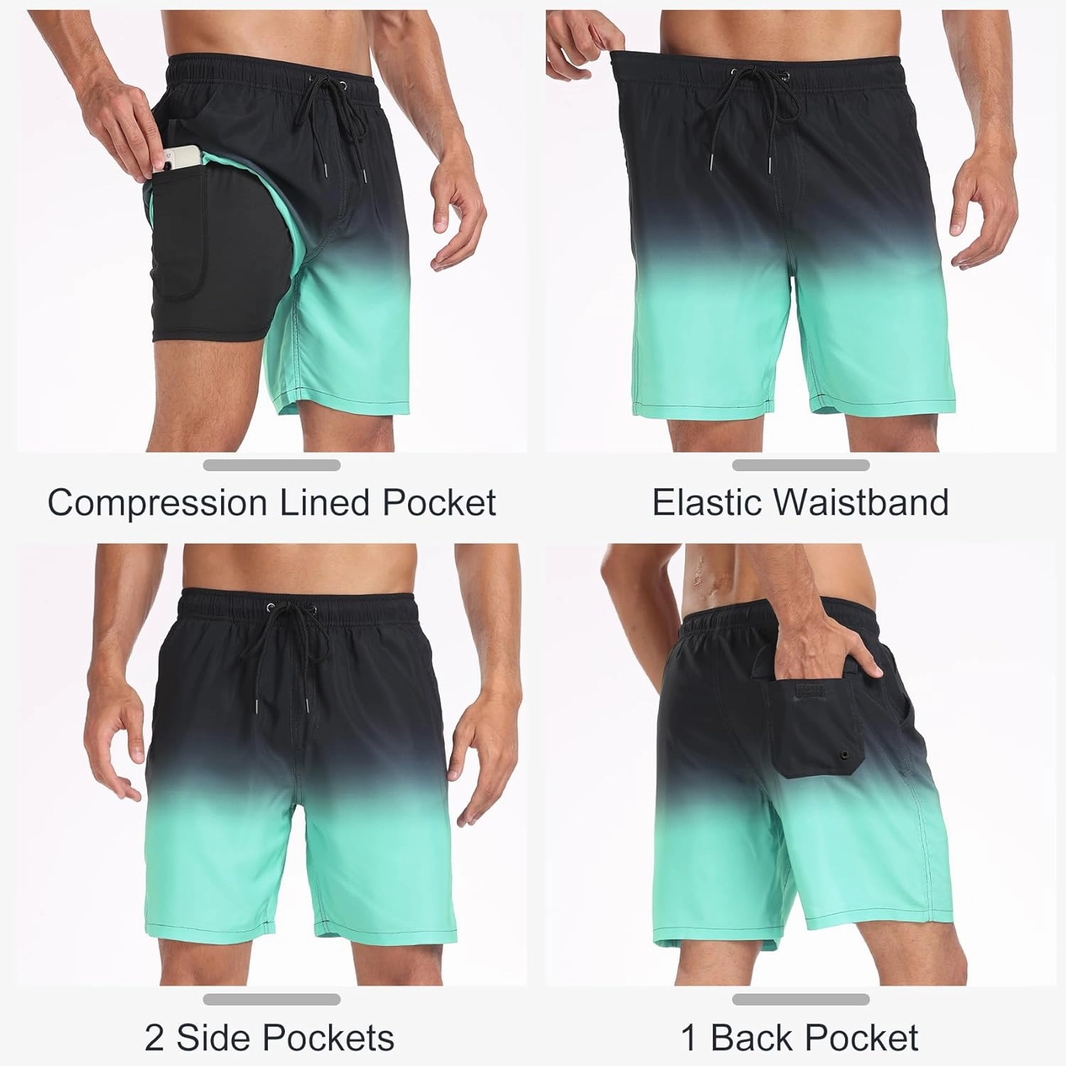 Mens Swim Trunks with Compression Liner 2 in 1 Quick Dry Swimming Shorts Swimwear Bathing Suits with Pockets