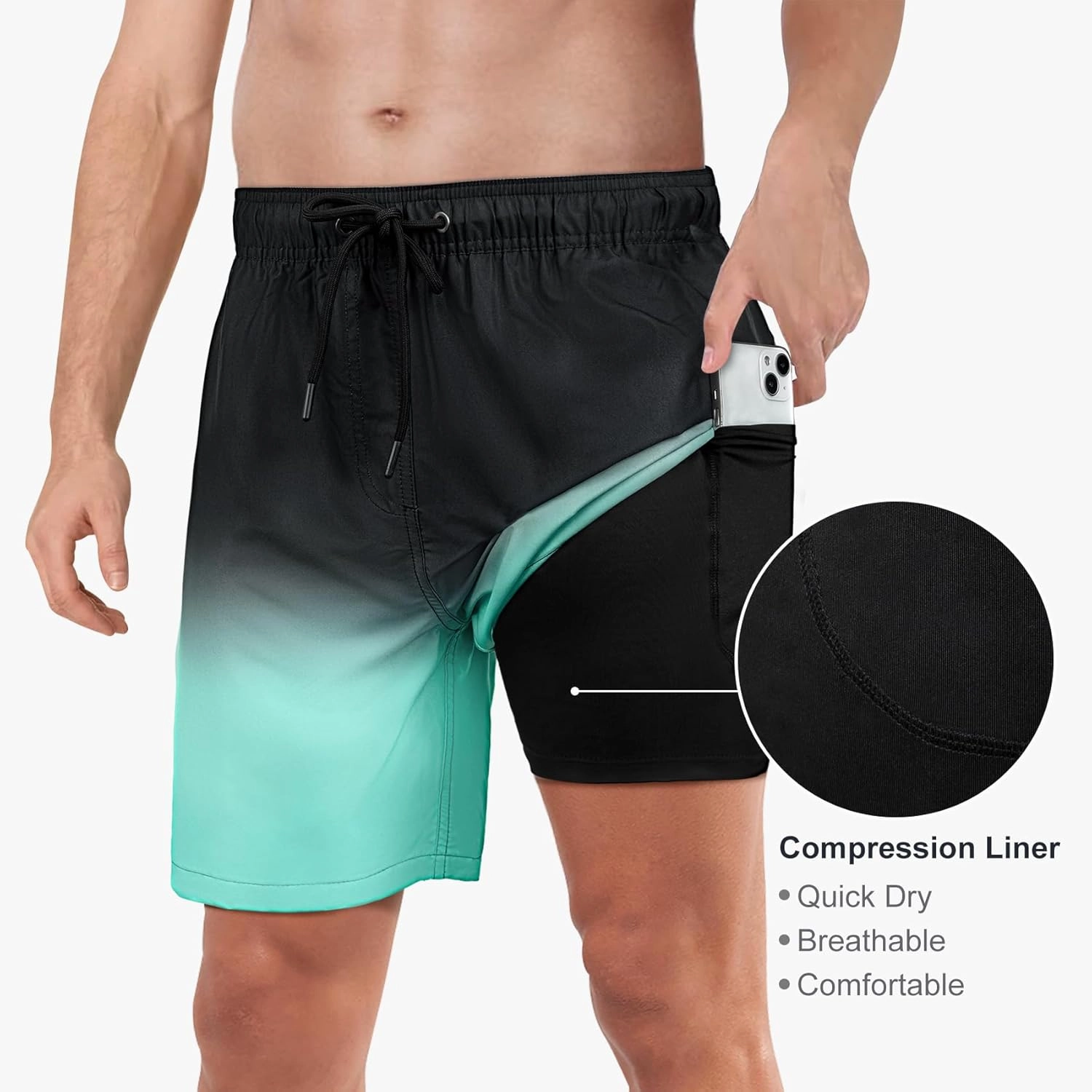 Mens Swim Trunks with Compression Liner 2 in 1 Quick Dry Swimming Shorts Swimwear Bathing Suits with Pockets