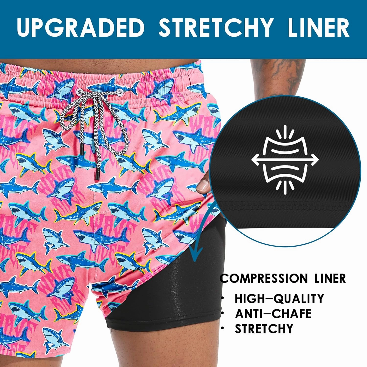 Mens Swim Trunks with Compression Liner 5.5" Board Shorts with Zipper Pockets 2 in 1 Quick Dry Bathing Suits