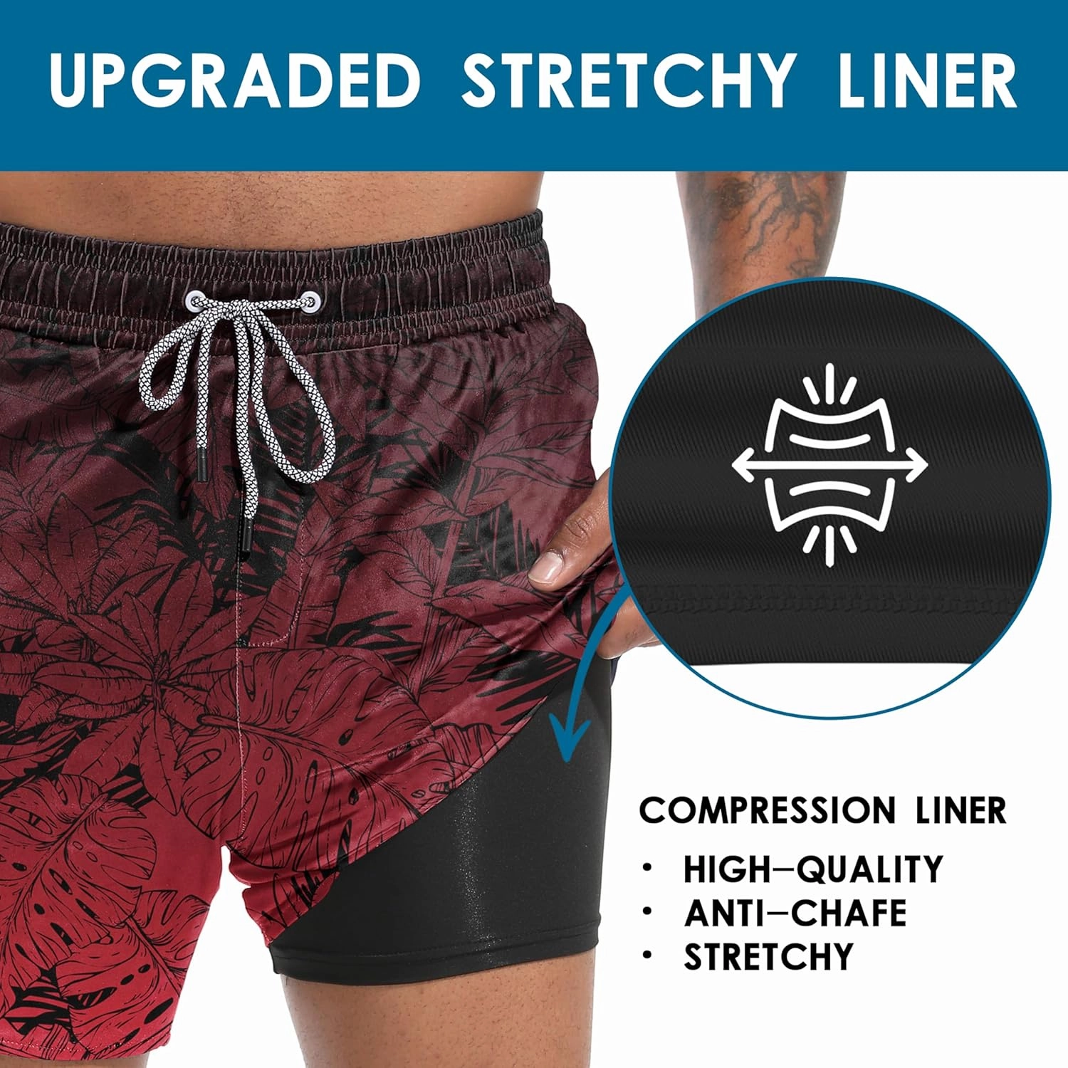 Mens Swim Trunks with Compression Liner 5.5" Board Shorts with Zipper Pockets 2 in 1 Quick Dry Bathing Suits