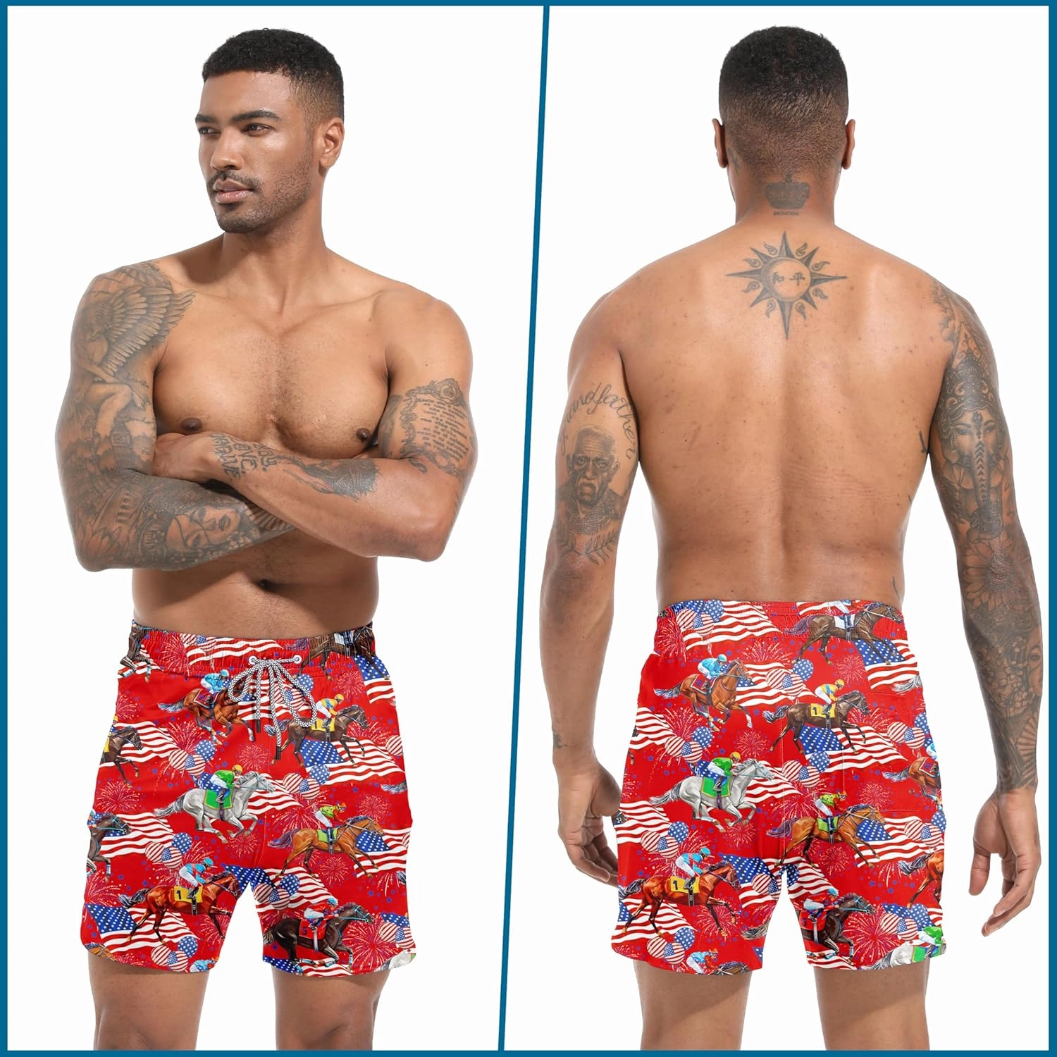 Mens Swim Trunks with Compression Liner 5.5" Board Shorts with Zipper Pockets 2 in 1 Quick Dry Bathing Suits