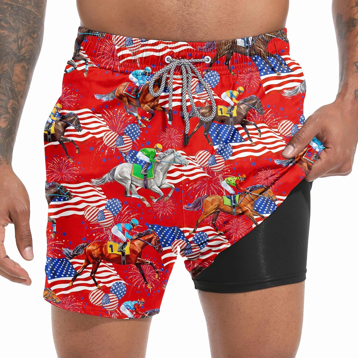 Mens Swim Trunks with Compression Liner 5.5" Board Shorts with Zipper Pockets 2 in 1 Quick Dry Bathing Suits