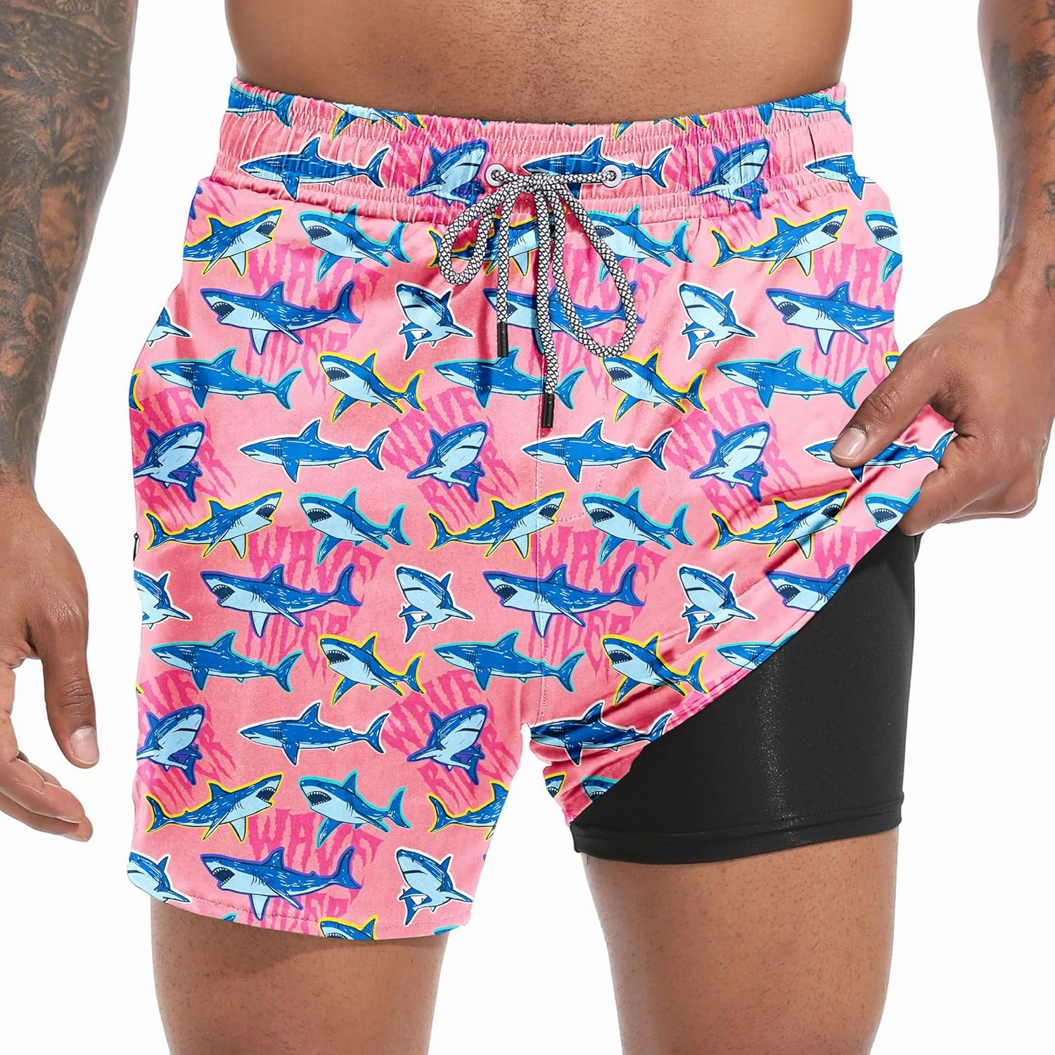 Mens Swim Trunks with Compression Liner 5.5" Board Shorts with Zipper Pockets 2 in 1 Quick Dry Bathing Suits