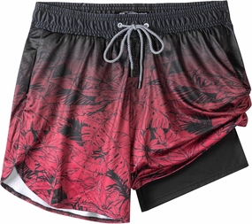 Mens Swim Trunks with Compression Liner 5.5" Board Shorts with Zipper Pockets 2 in 1 Quick Dry Bathing Suits