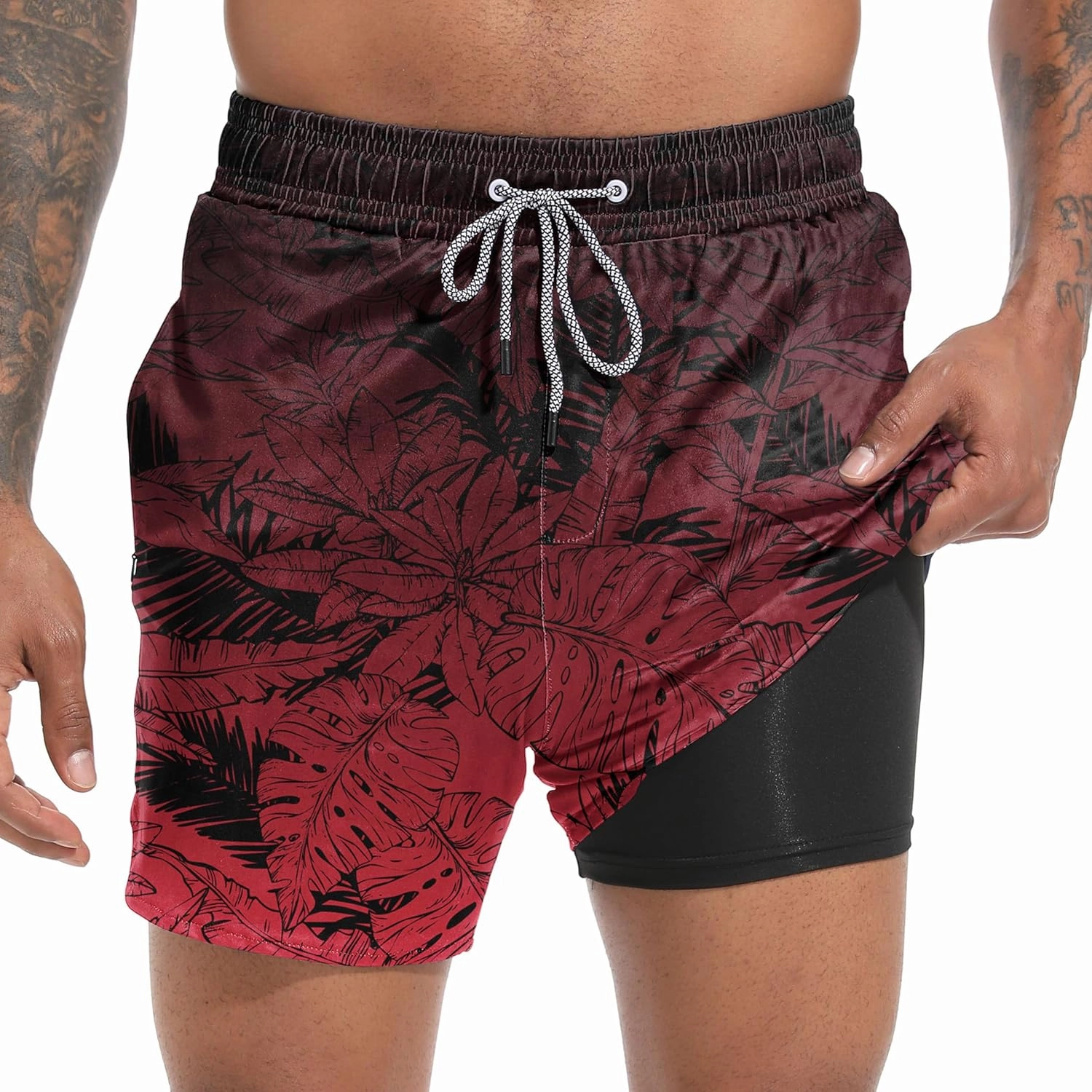 Mens Swim Trunks with Compression Liner 5.5" Board Shorts with Zipper Pockets 2 in 1 Quick Dry Bathing Suits