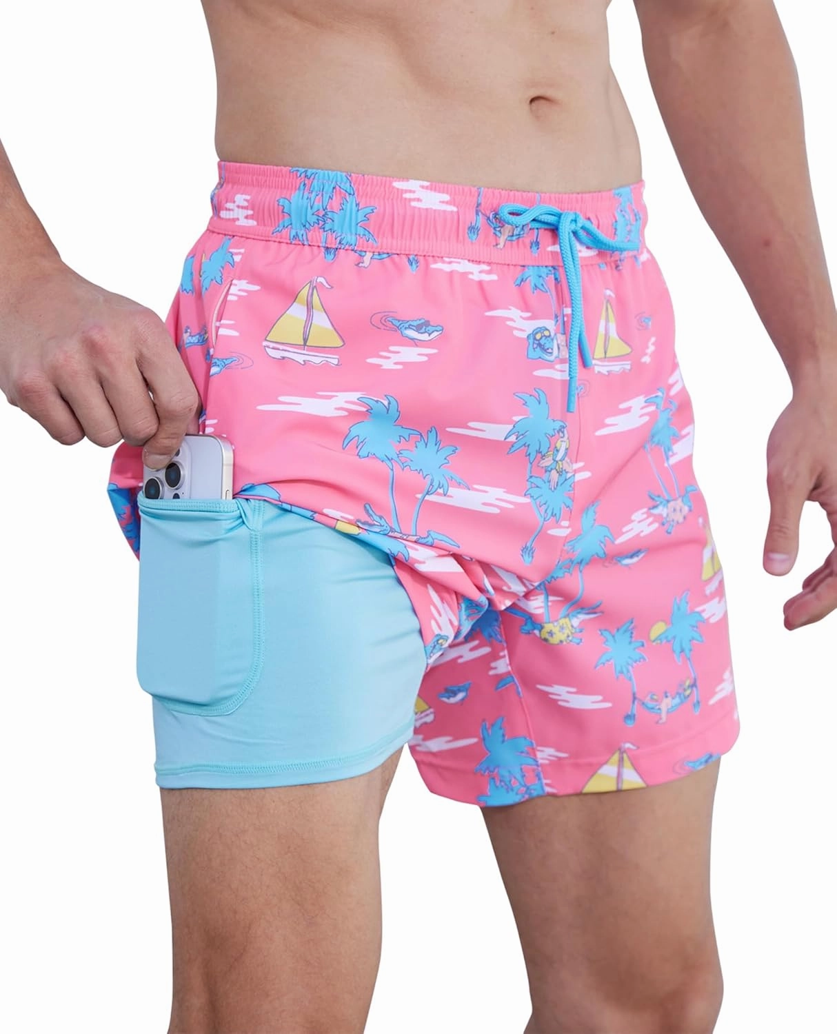 Mens Swim Trunks with Compression Liner 5 Inch Inseam Swimming Trunks Board Shorts for Men Bathing Suit