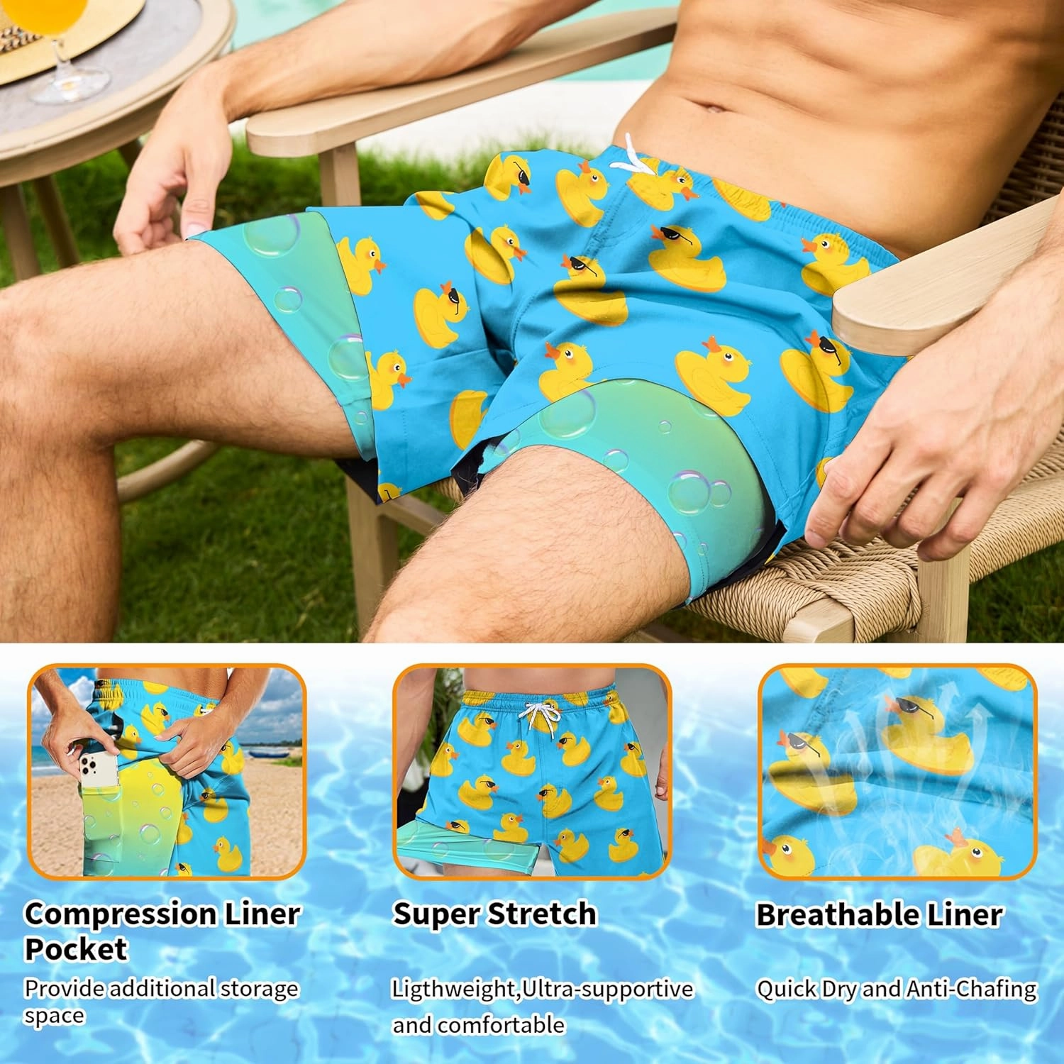 Mens Swim Trunks with Compression Liner 5 Inseam Quick Dry Swimwear Bathing Suit Swimming Board Shorts with 4 Pocket