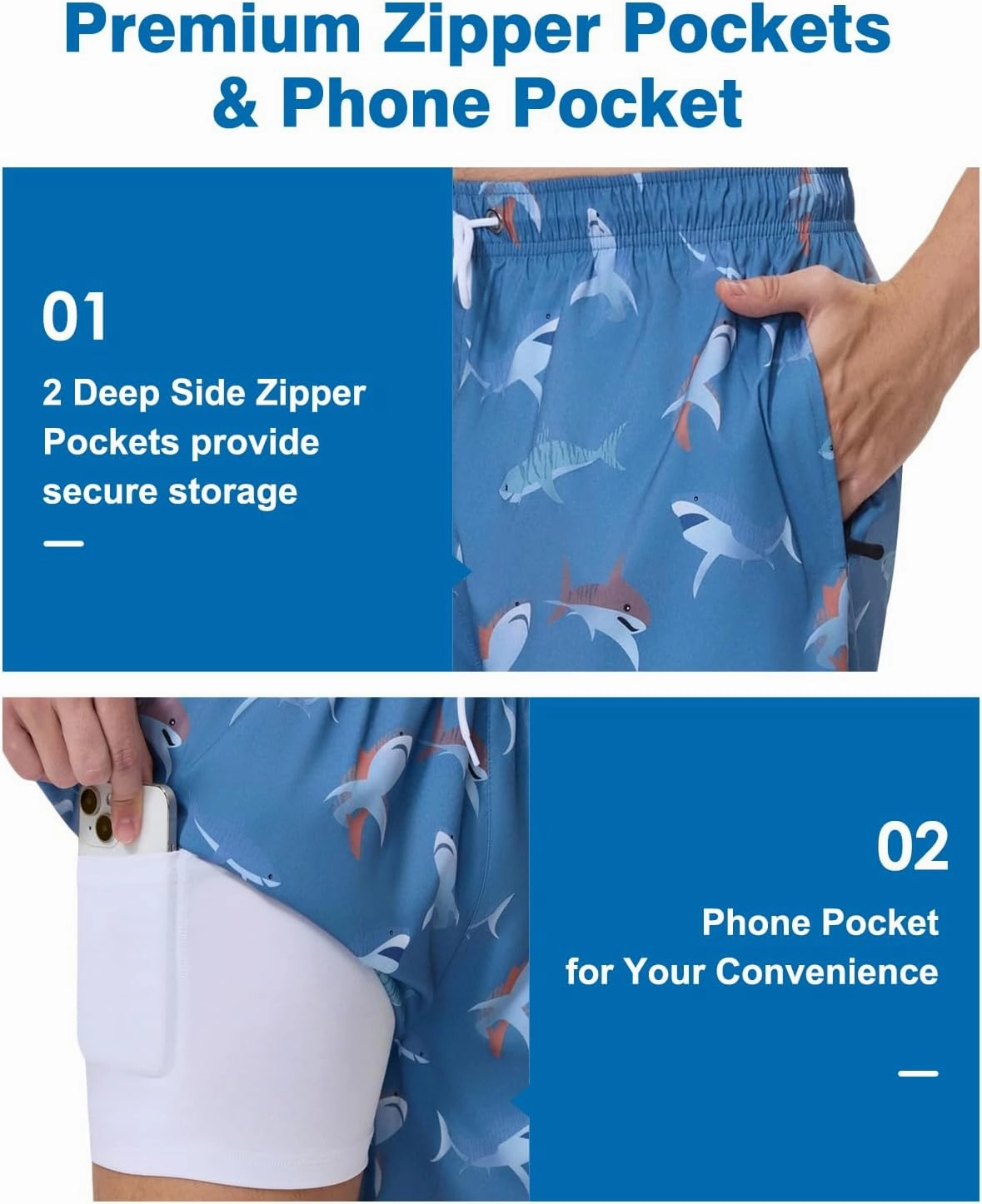 Mens Swim Trunks with Compression Liner 5" Stretch Beach Shorts 2 in 1 Quick Dry with Zipper Pockets Board Shorts