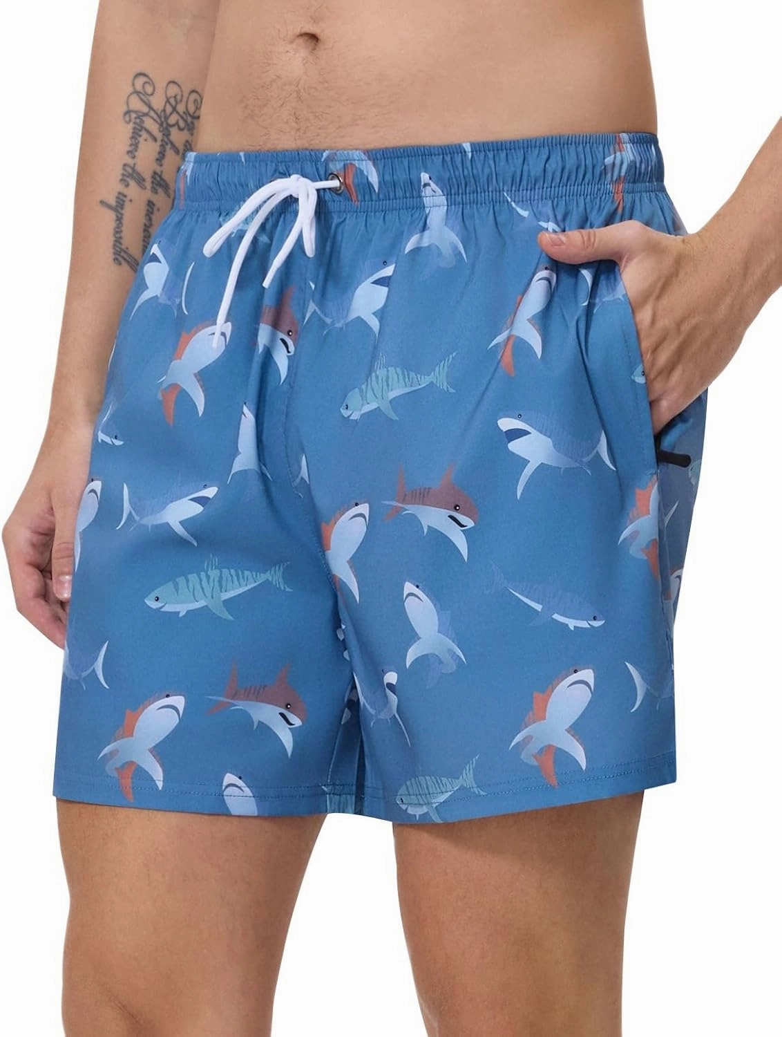 Mens Swim Trunks with Compression Liner 5" Stretch Beach Shorts 2 in 1 Quick Dry with Zipper Pockets Board Shorts