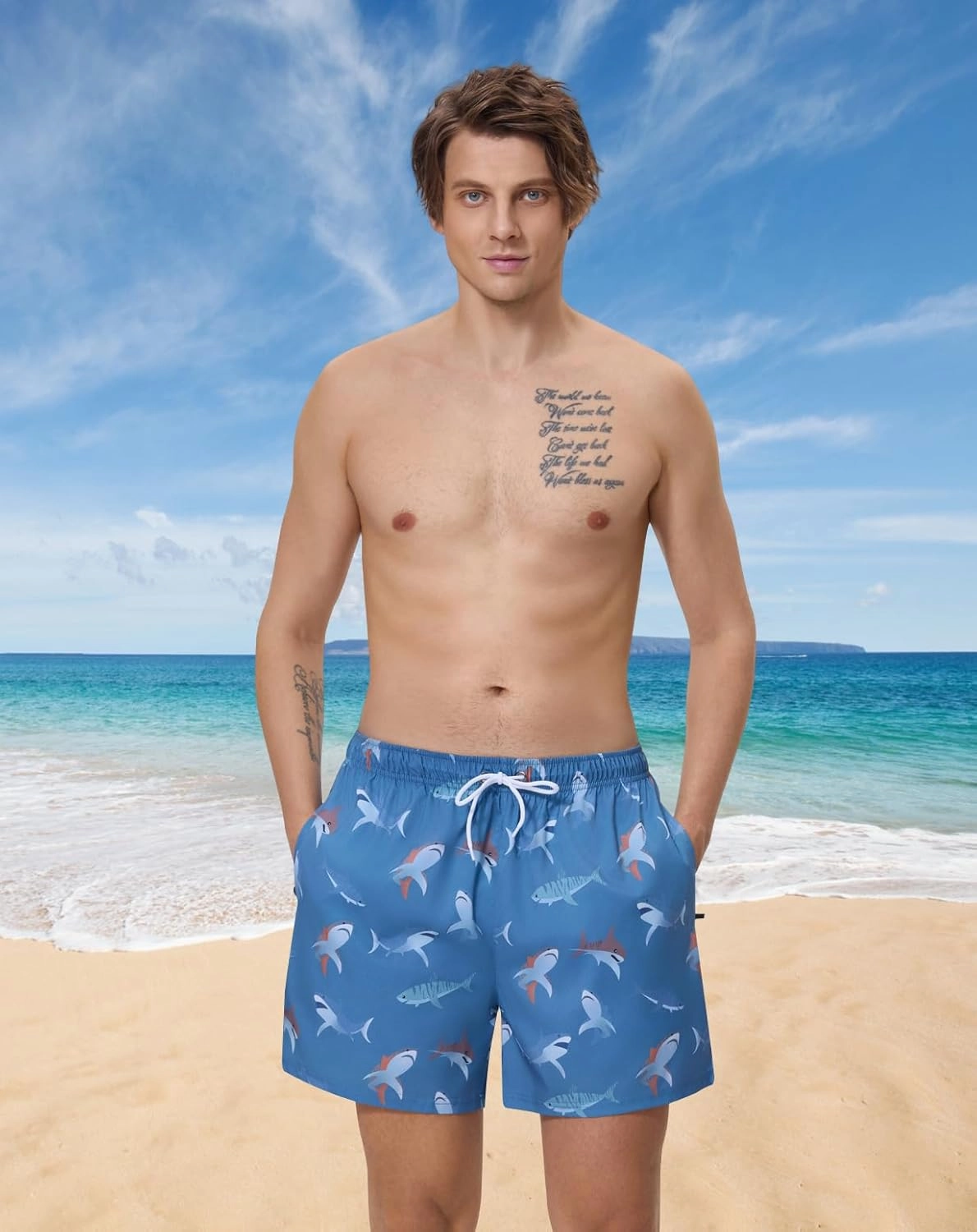 Mens Swim Trunks with Compression Liner 5" Stretch Beach Shorts 2 in 1 Quick Dry with Zipper Pockets Board Shorts