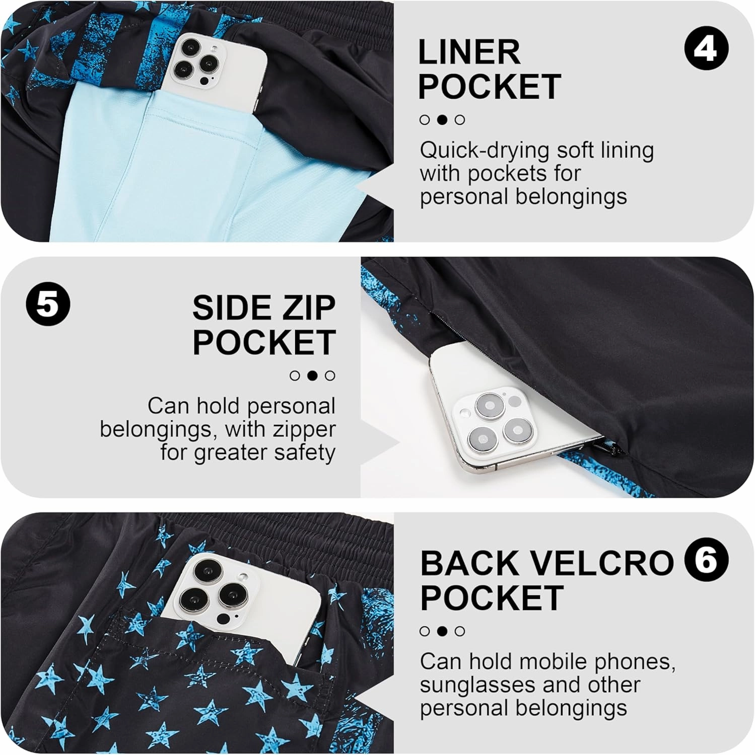 Mens Swim Trunks with Compression Liner 5" Stretch Board Shorts Quick Dry Zipper Pockets 2 in 1 Mens Bathing Suits