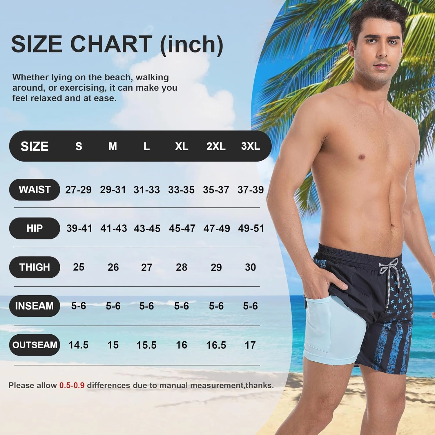 Mens Swim Trunks with Compression Liner 5" Stretch Board Shorts Quick Dry Zipper Pockets 2 in 1 Mens Bathing Suits