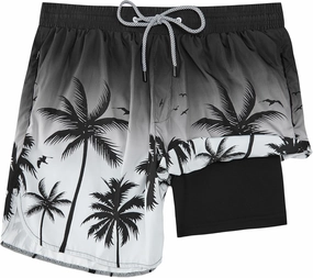 Mens Swim Trunks with Compression Liner 5" Stretch Board Shorts Quick Dry Zipper Pockets 2 in 1 Mens Bathing Suits