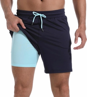 Mens Swim Trunks with Compression Liner 7" Board Shorts with Zipper Pockets 2 in 1 Quick Dry Bathing Suits