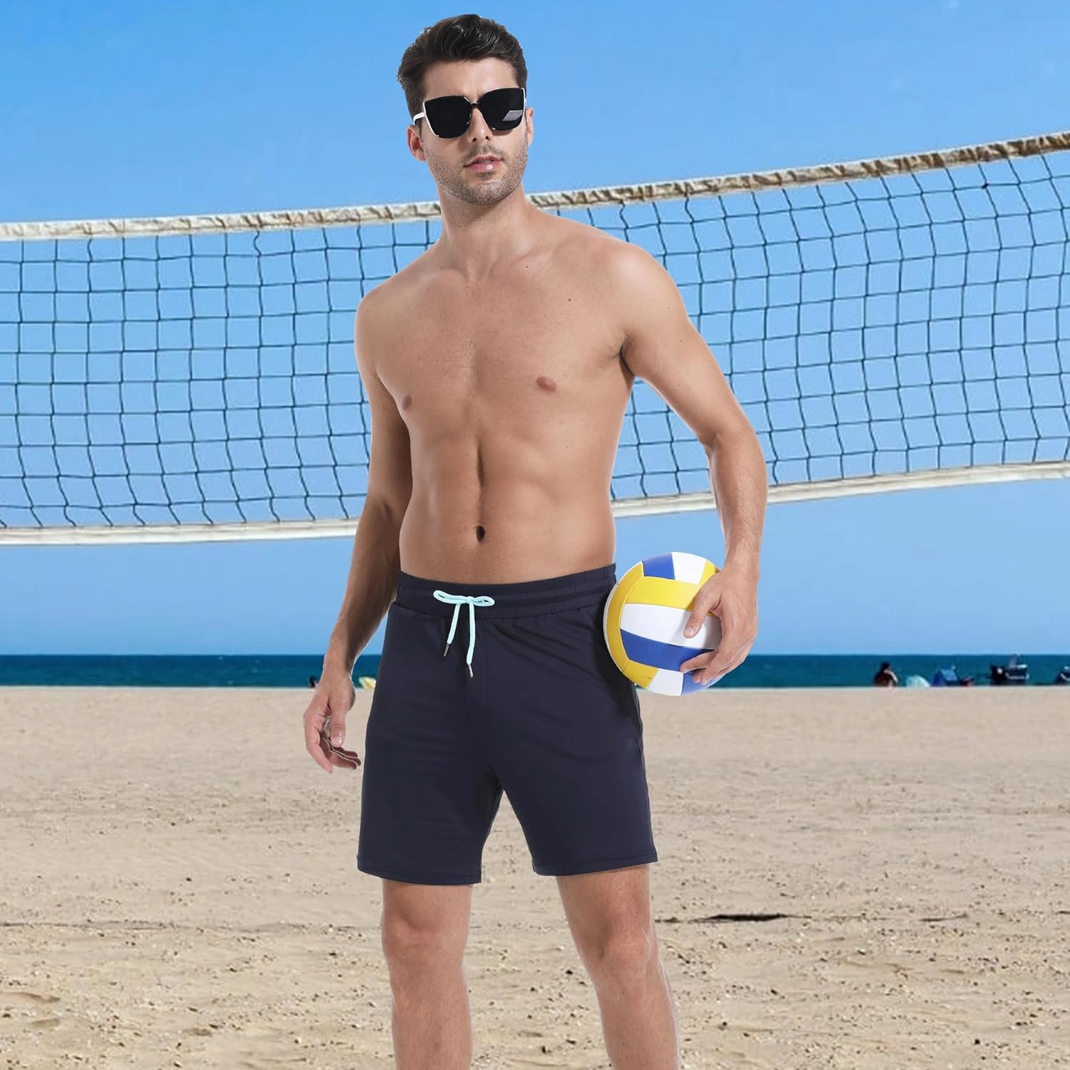 Mens Swim Trunks with Compression Liner 7" Board Shorts with Zipper Pockets 2 in 1 Quick Dry Bathing Suits