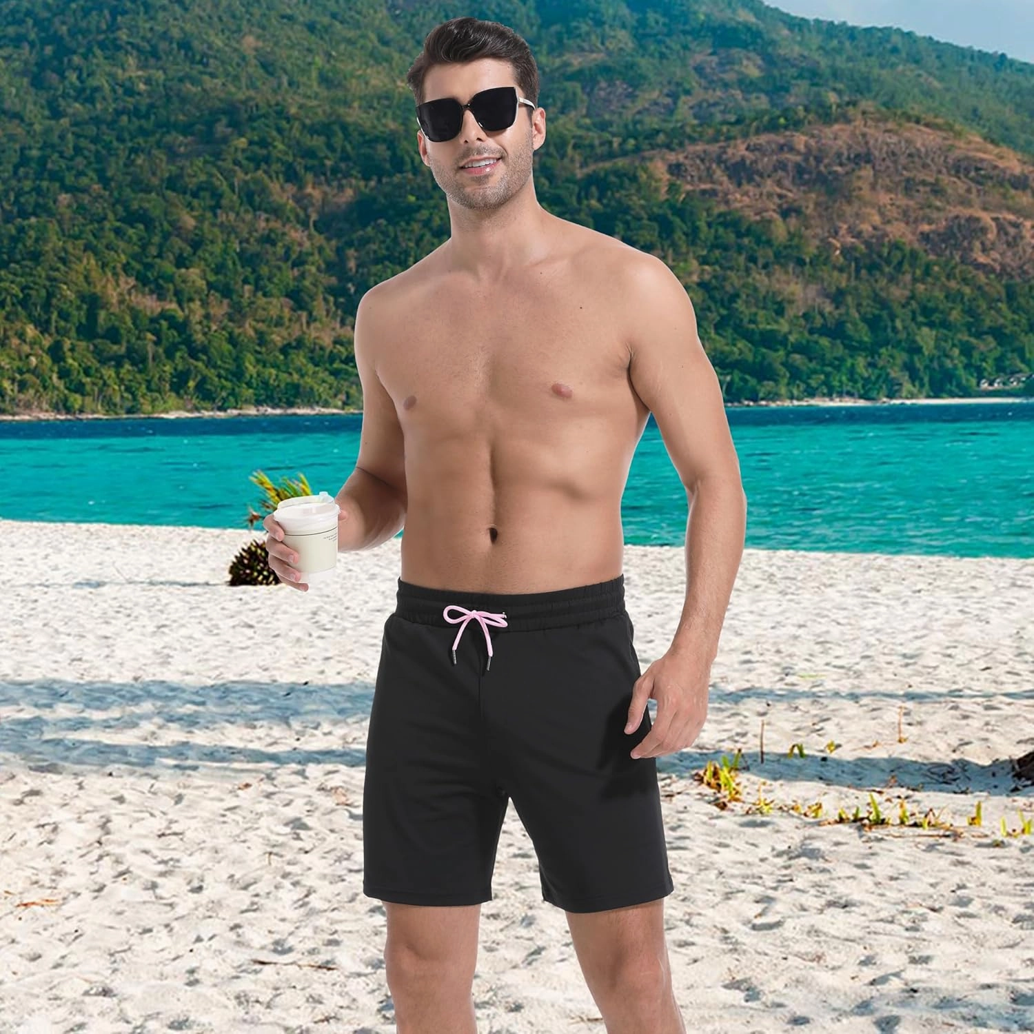 Mens Swim Trunks with Compression Liner 7" Board Shorts with Zipper Pockets 2 in 1 Quick Dry Bathing Suits