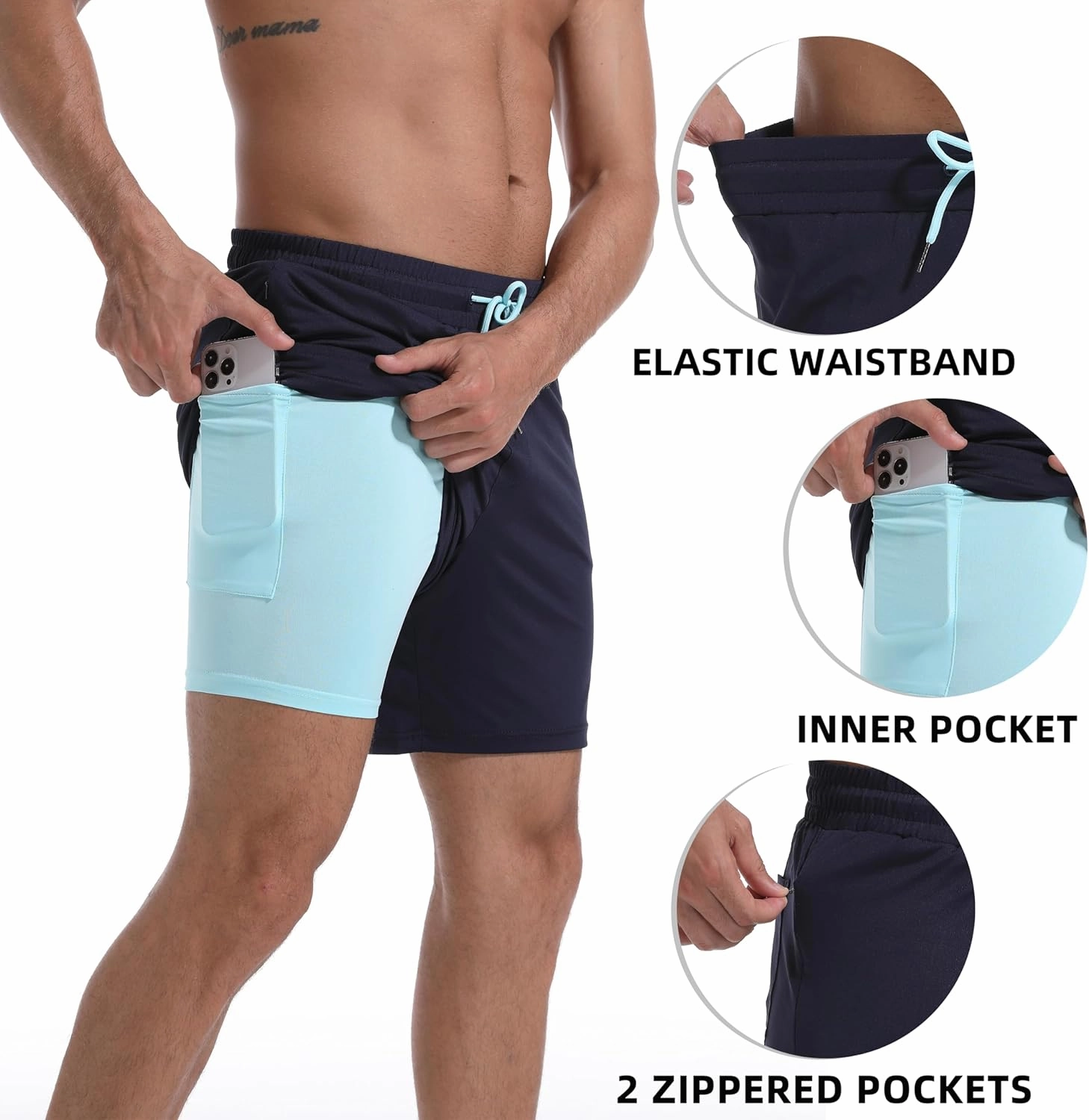 Mens Swim Trunks with Compression Liner 7" Board Shorts with Zipper Pockets 2 in 1 Quick Dry Bathing Suits